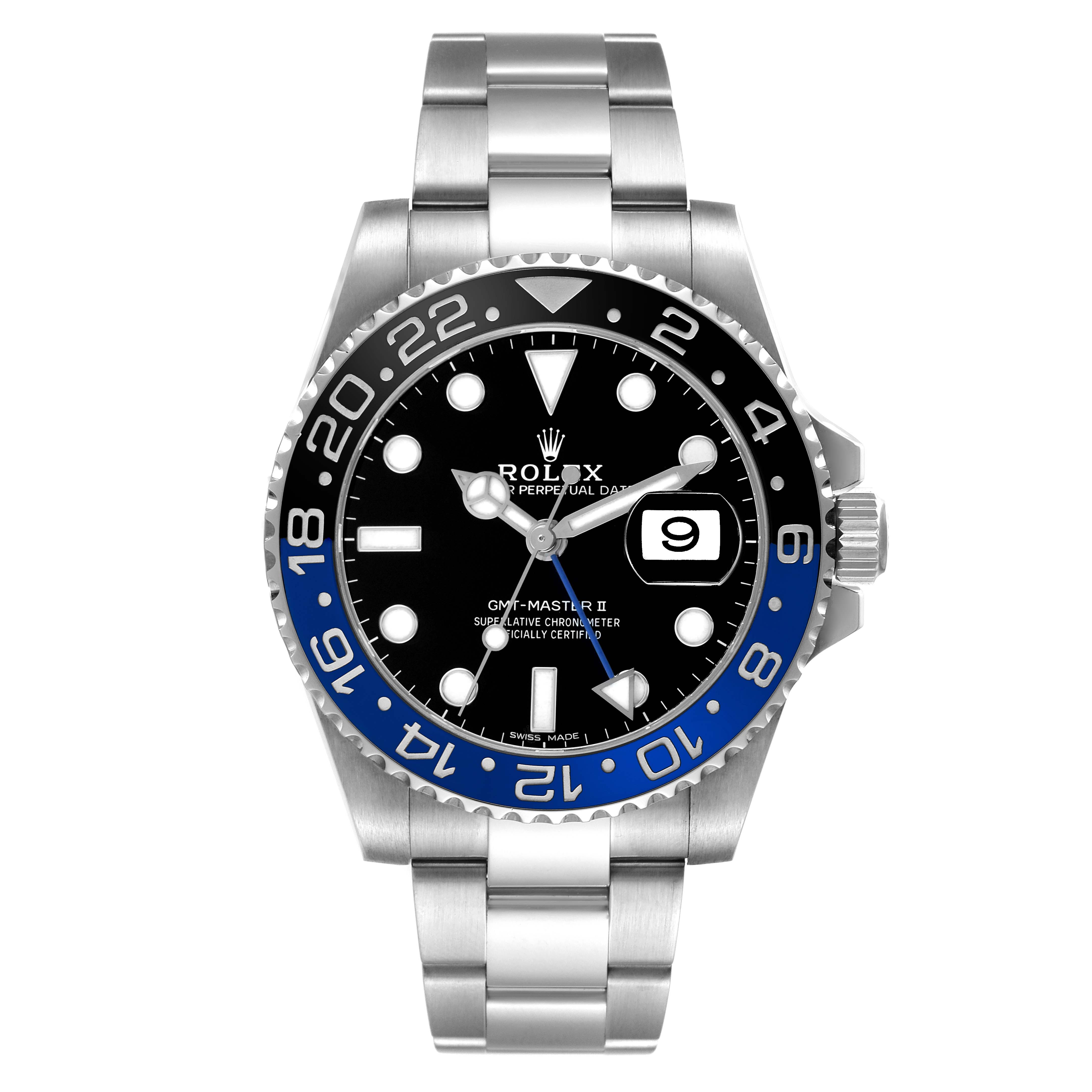The Rolex GMT-Master 116710 Men's Stainless Steel Black Dial watch is shown from a top-down angle, highlighting the bezel, dial, hands, date magnifier, and bracelet.