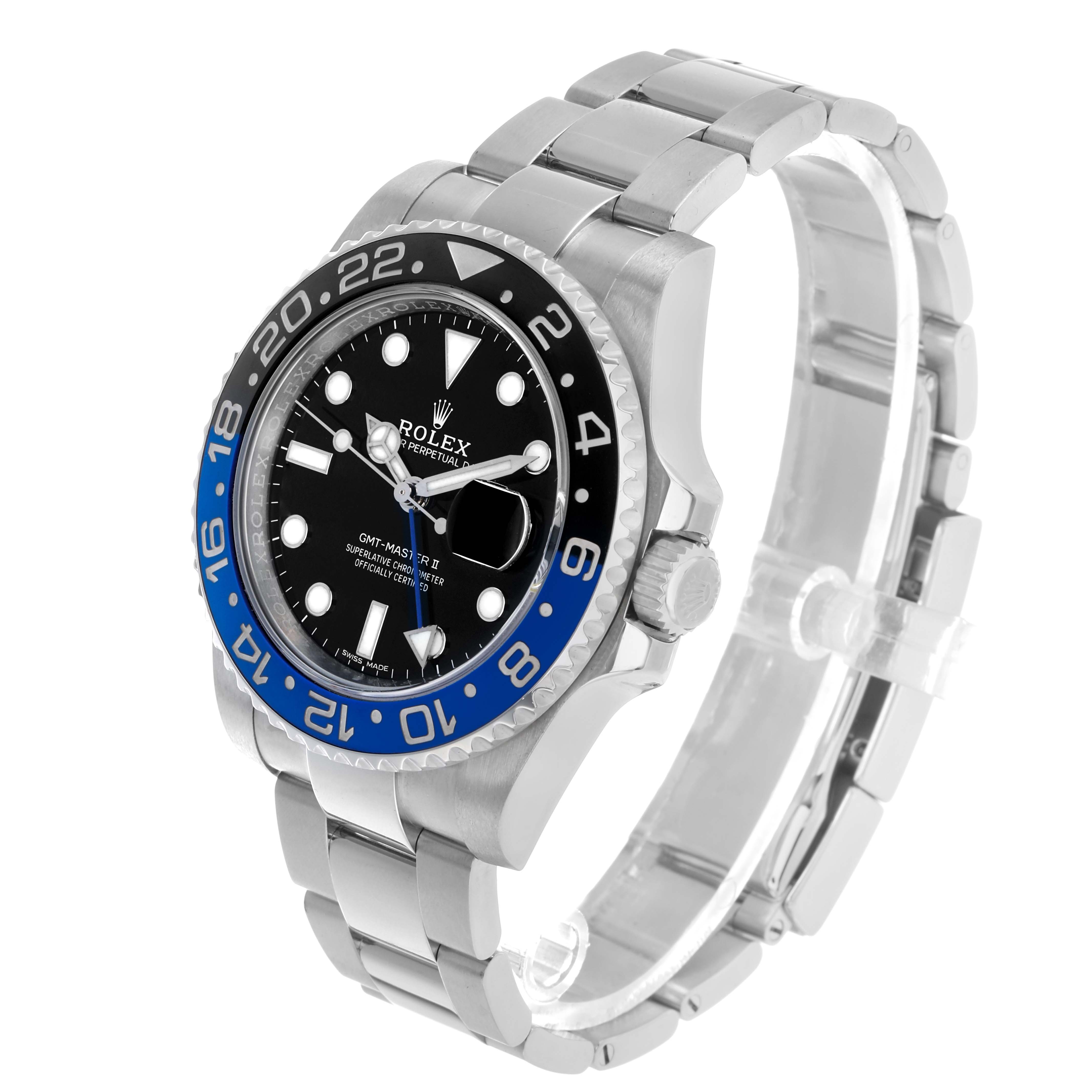 The Rolex GMT-Master 116710 Men's Stainless Steel Black Dial watch is shown at a three-quarter angle highlighting its bezel, dial, and bracelet.