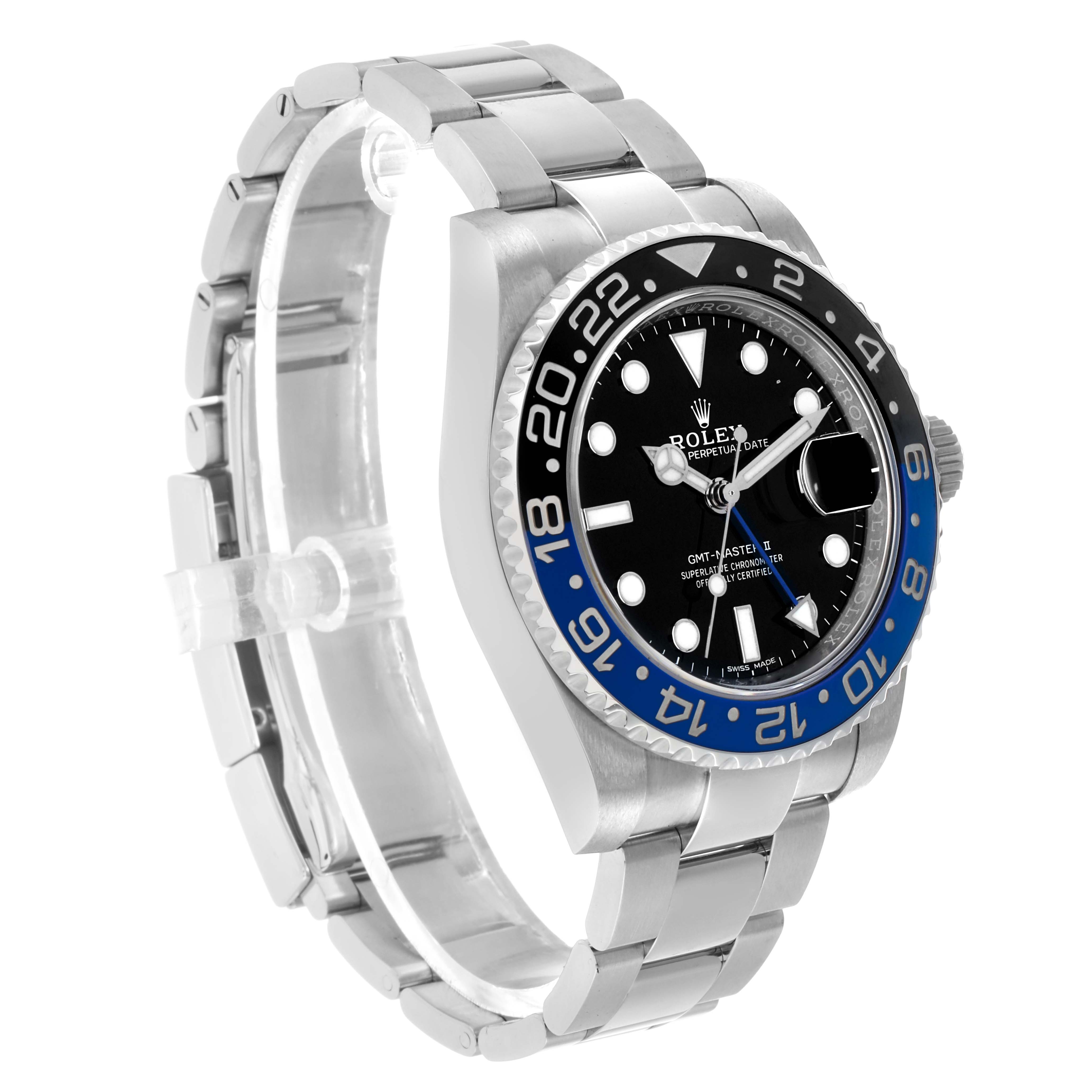 The Rolex GMT-Master 116710 Men's Stainless Steel Black Dial watch is shown at a three-quarter angle, highlighting the bezel, dial, and bracelet.