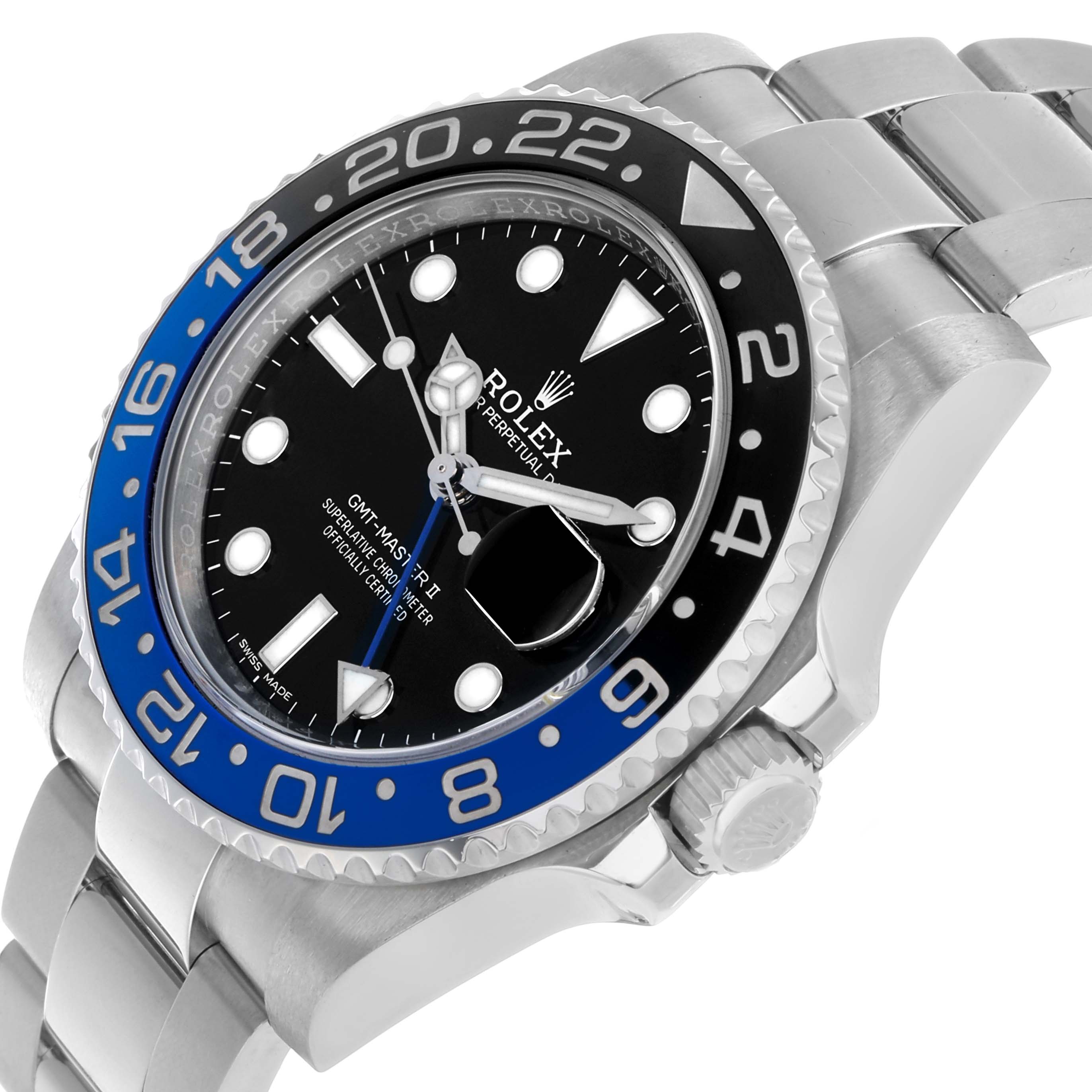 The Rolex GMT-Master 116710 Men's Stainless Steel Black Dial II watch is shown at a slight angle highlighting the bezel, crown, and bracelet.