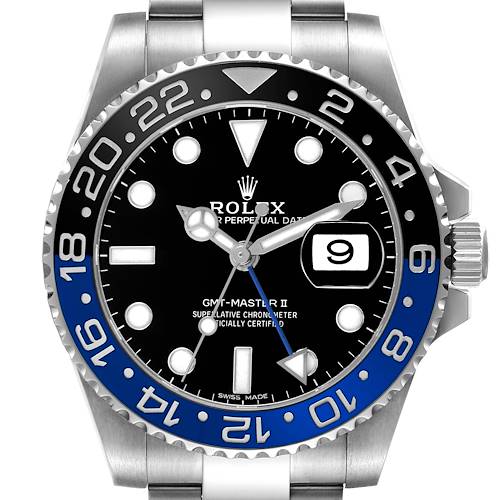 The Rolex GMT-Master 116710 Men's Stainless Steel Black Dial watch is shown from the front, highlighting the bezel, dial, and bracelet attachment.