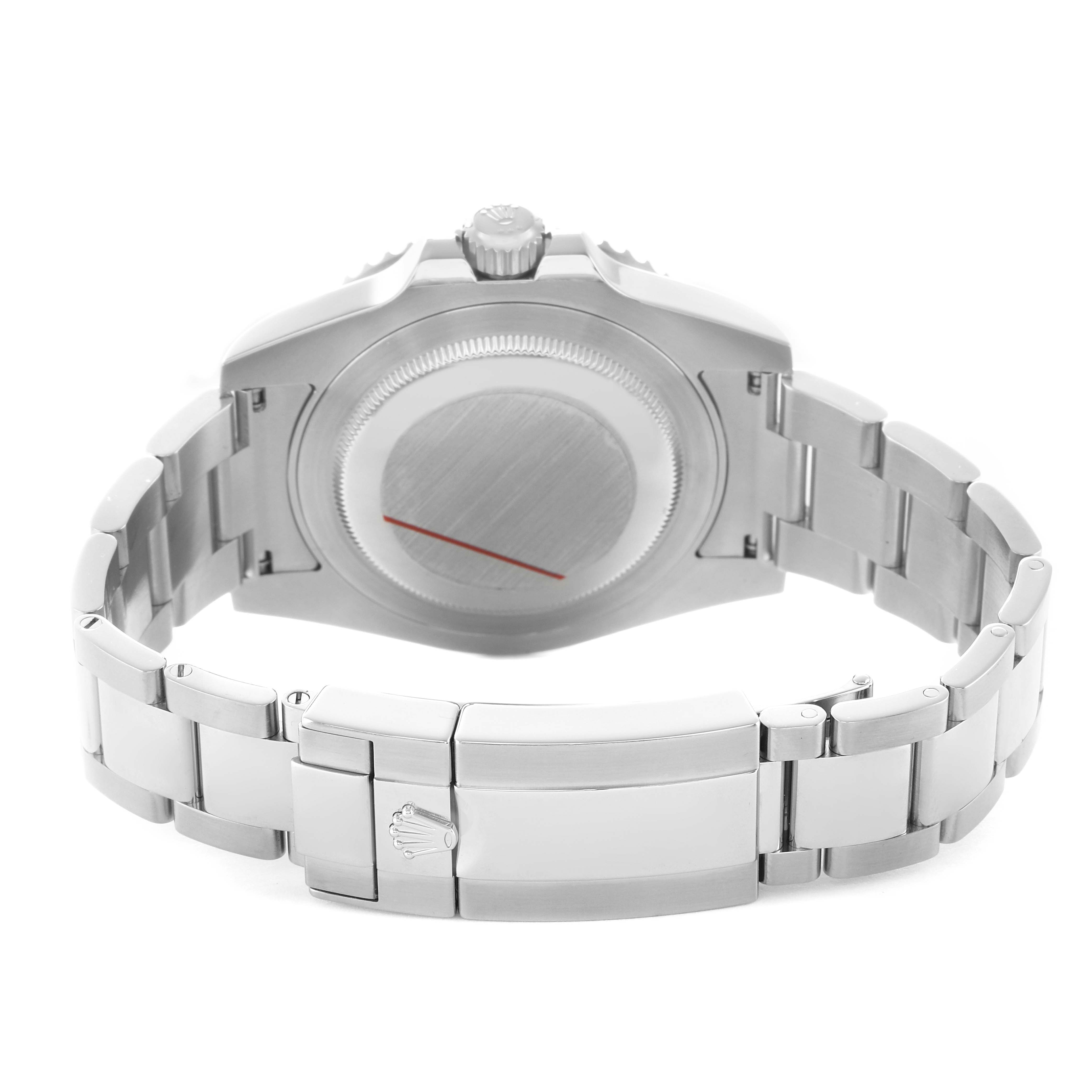 The image shows the back of a Rolex GMT-Master 116710 Men's Stainless Steel Black Dial, displaying the case back and bracelet from a rear angle.