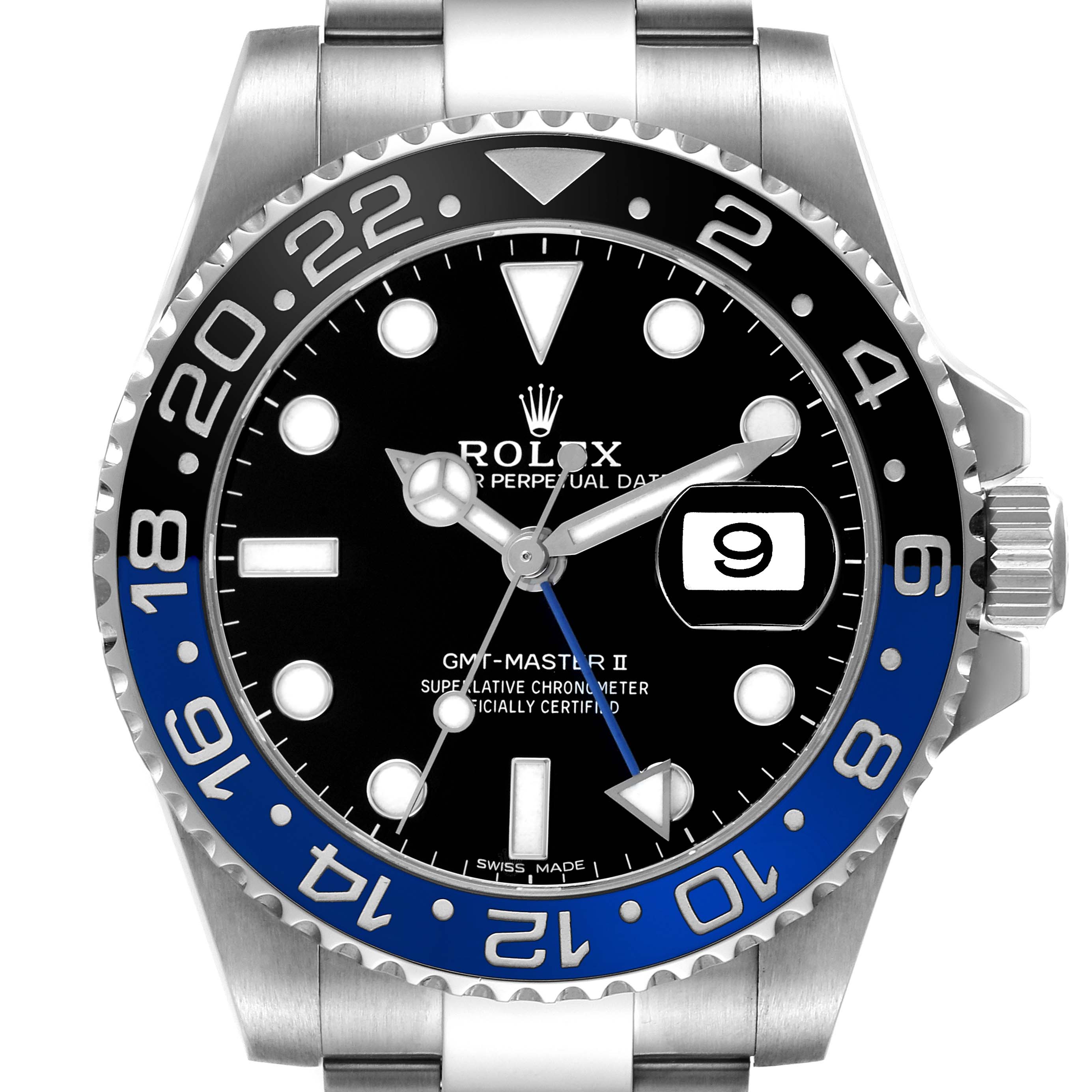 This Rolex GMT-Master 116710 Men's Stainless Steel Black Dial II watch is shown from a top view, highlighting the dial, hands, bezel, and part of the bracelet.