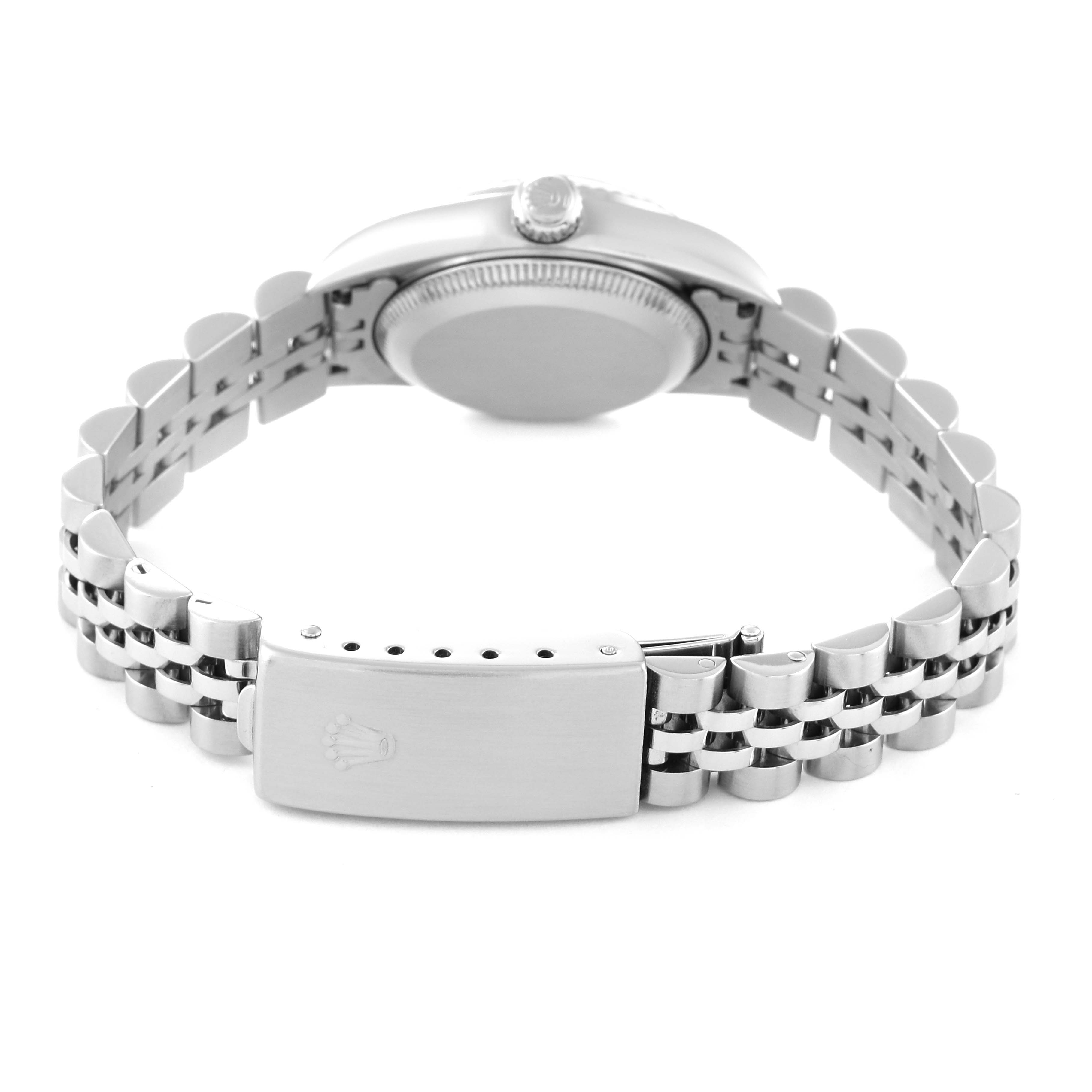 The image shows the back view of a Rolex Oyster Perpetual 76094 Women's Stainless Steel Blue Dial 76094 Women's Stainless Steel Blue Dial watch, highlighting the bracelet and clasp.