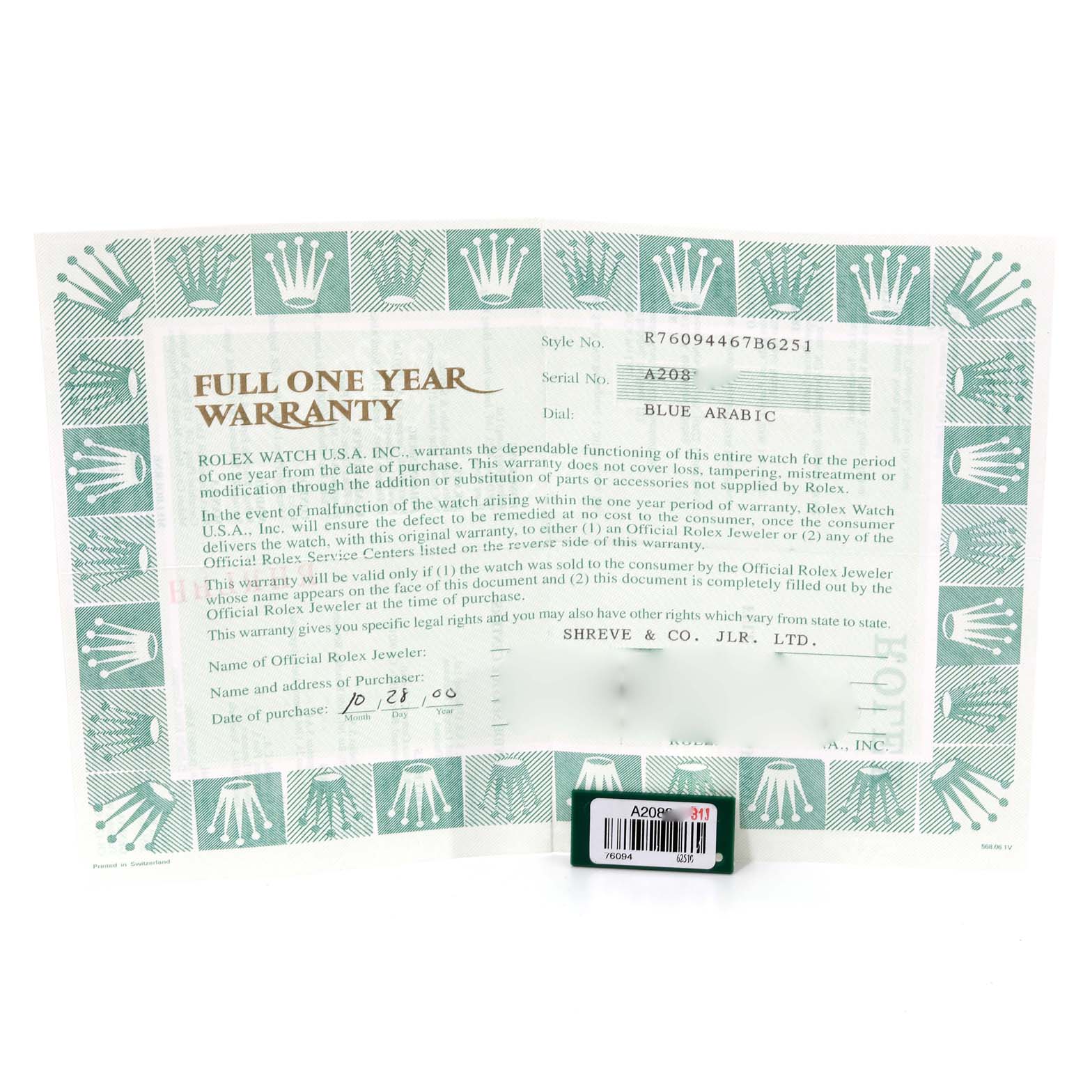 The image shows the warranty card for a Rolex Oyster Perpetual 76094 Women's Stainless Steel Blue Dial 76094 Women's Stainless Steel Blue Dial watch.