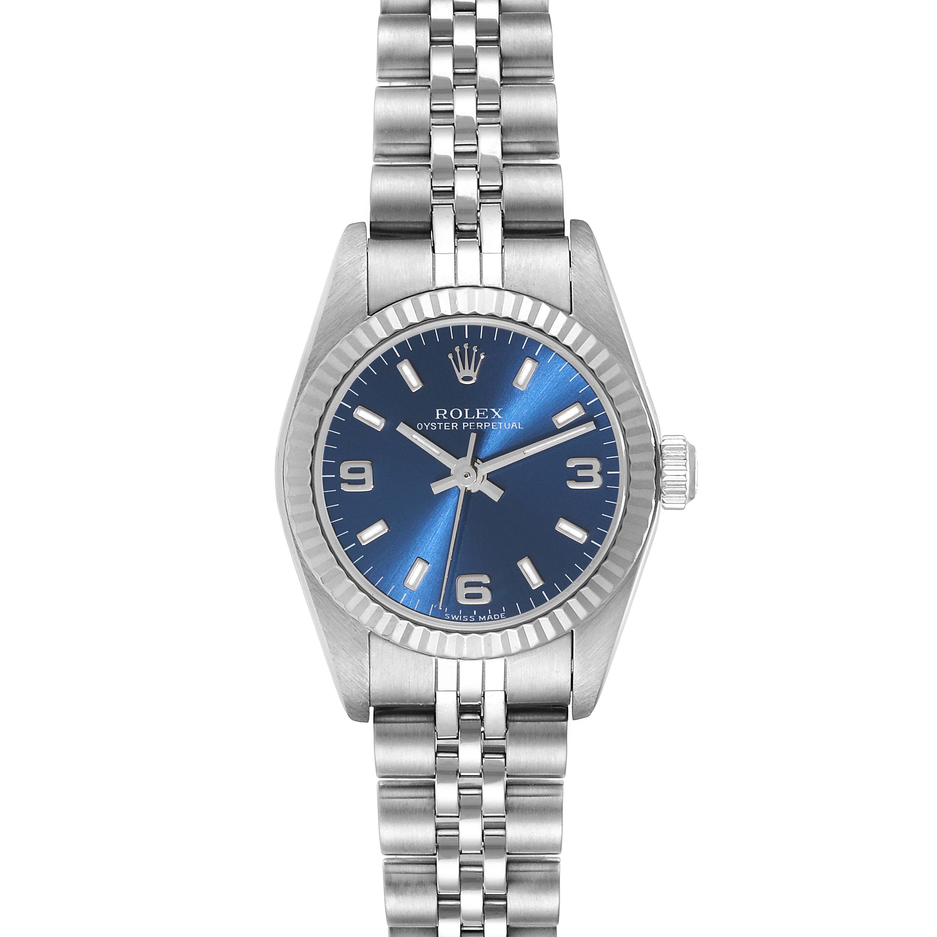 This is a front view of a Rolex Oyster Perpetual 76094 Women's Stainless Steel Blue Dial 76094 Women's Stainless Steel Blue Dial watch, showing the face and bracelet.