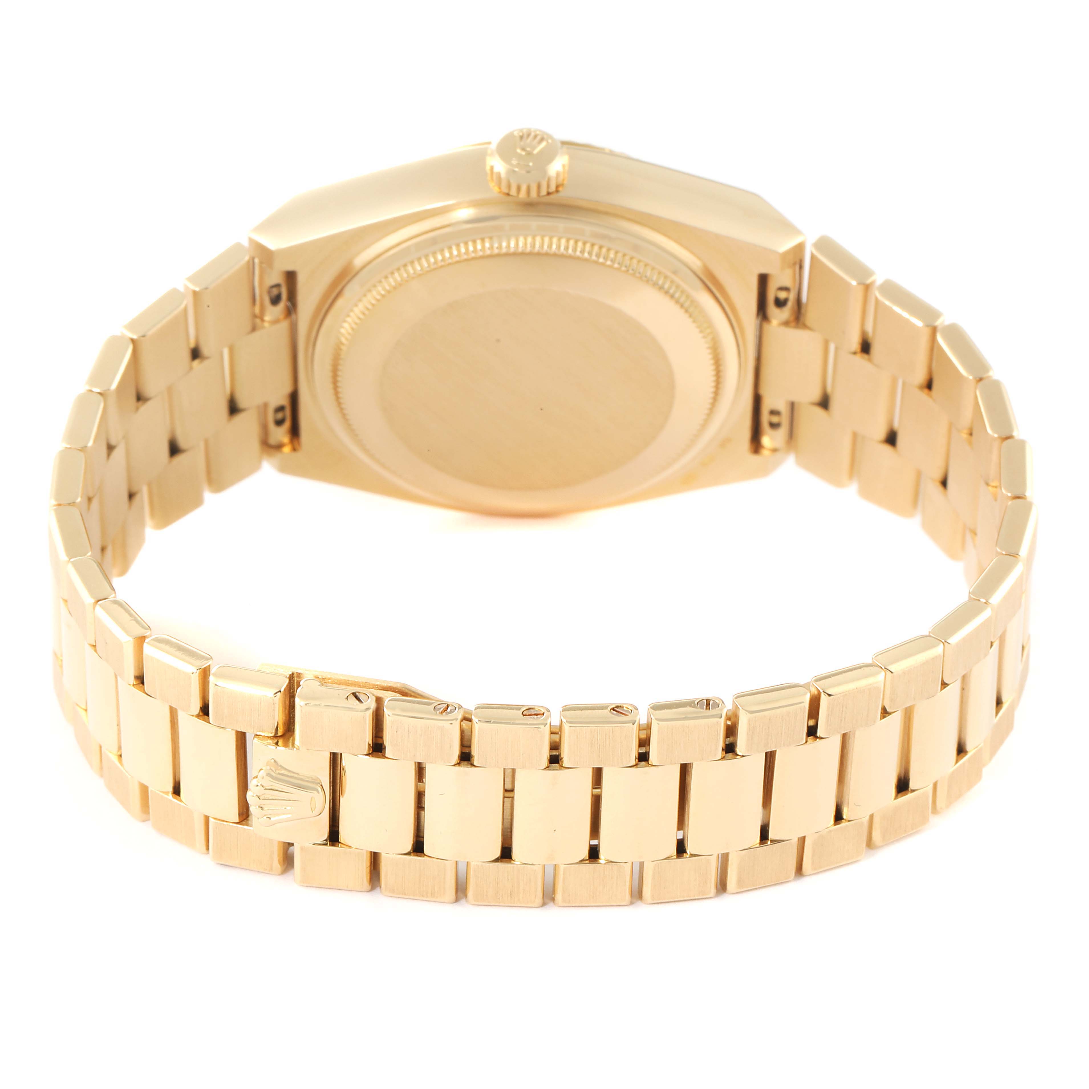 The image shows a rear view of the Rolex President 19018 Men
s Yellow Gold Champagne Dial 19018 Men
s Yellow Gold Champagne Dial watch, highlighting its bracelet, clasp, case back, and crown.