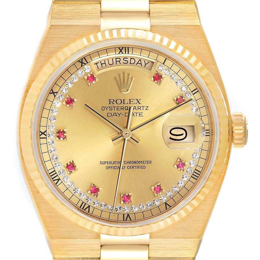 Rolex Oysterquartz President Day-Date Yellow Gold Diamond Rubies Watch 19018 SwissWatchExpo