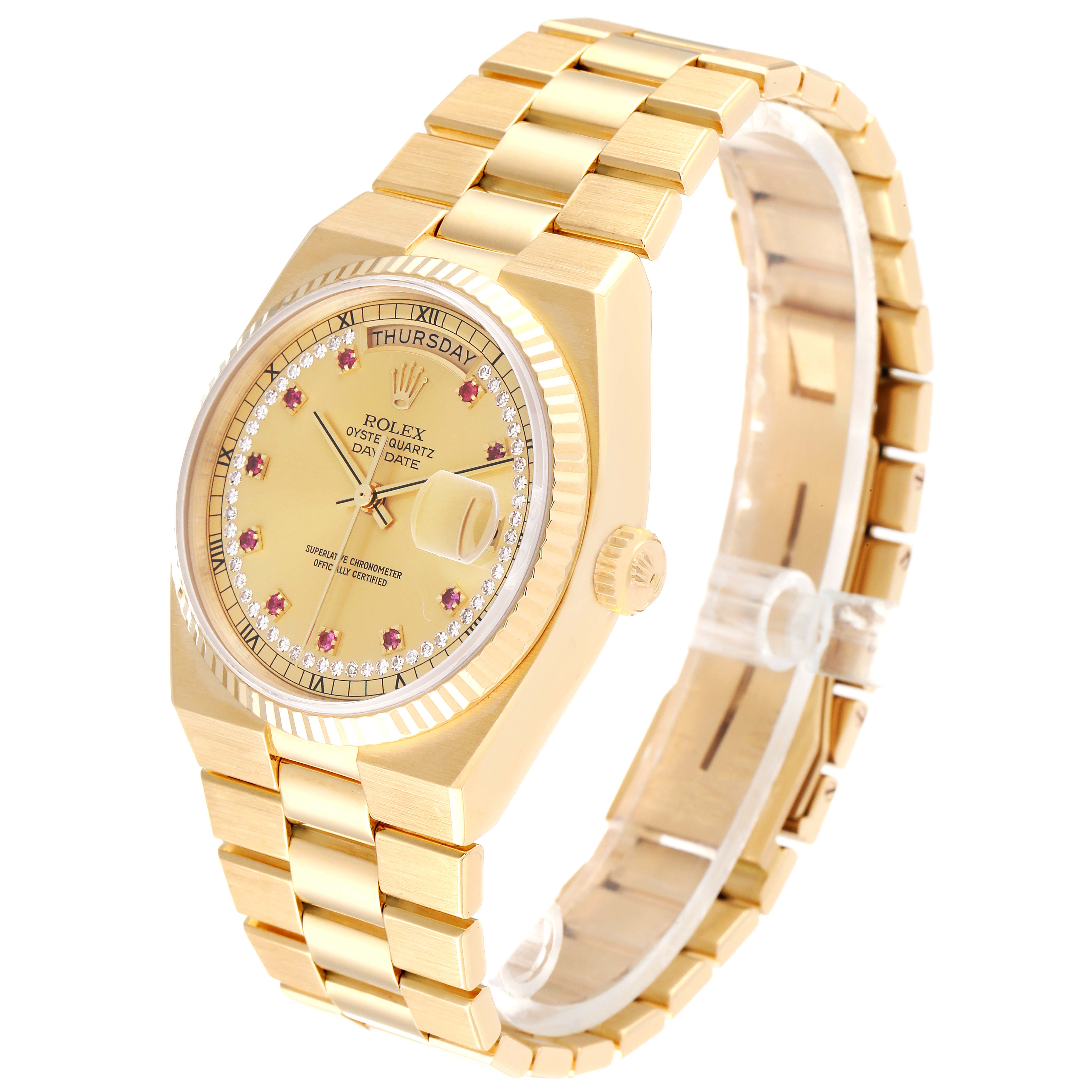 The Rolex President 19018 Men
s Yellow Gold Champagne Dial 19018 Men
s Yellow Gold Champagne Dial model watch is shown from a side angle, highlighting the gold case, dial, fluted bezel, and bracelet.