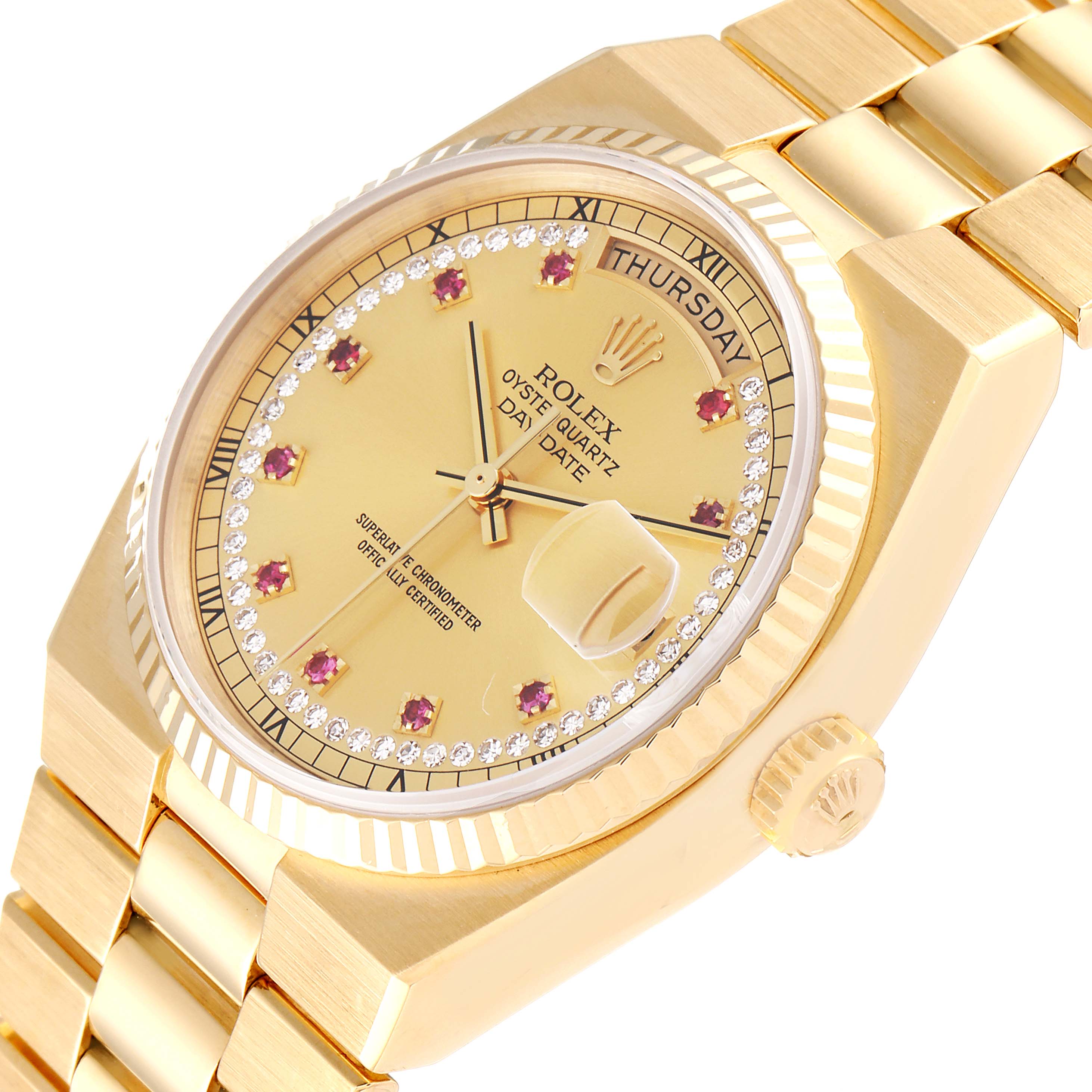 The image shows a close-up, angled view of the bezel, dial, crown, and part of the bracelet of the Rolex President 19018 Men
s Yellow Gold Champagne Dial 19018 Men
s Yellow Gold Champagne Dial model watch.