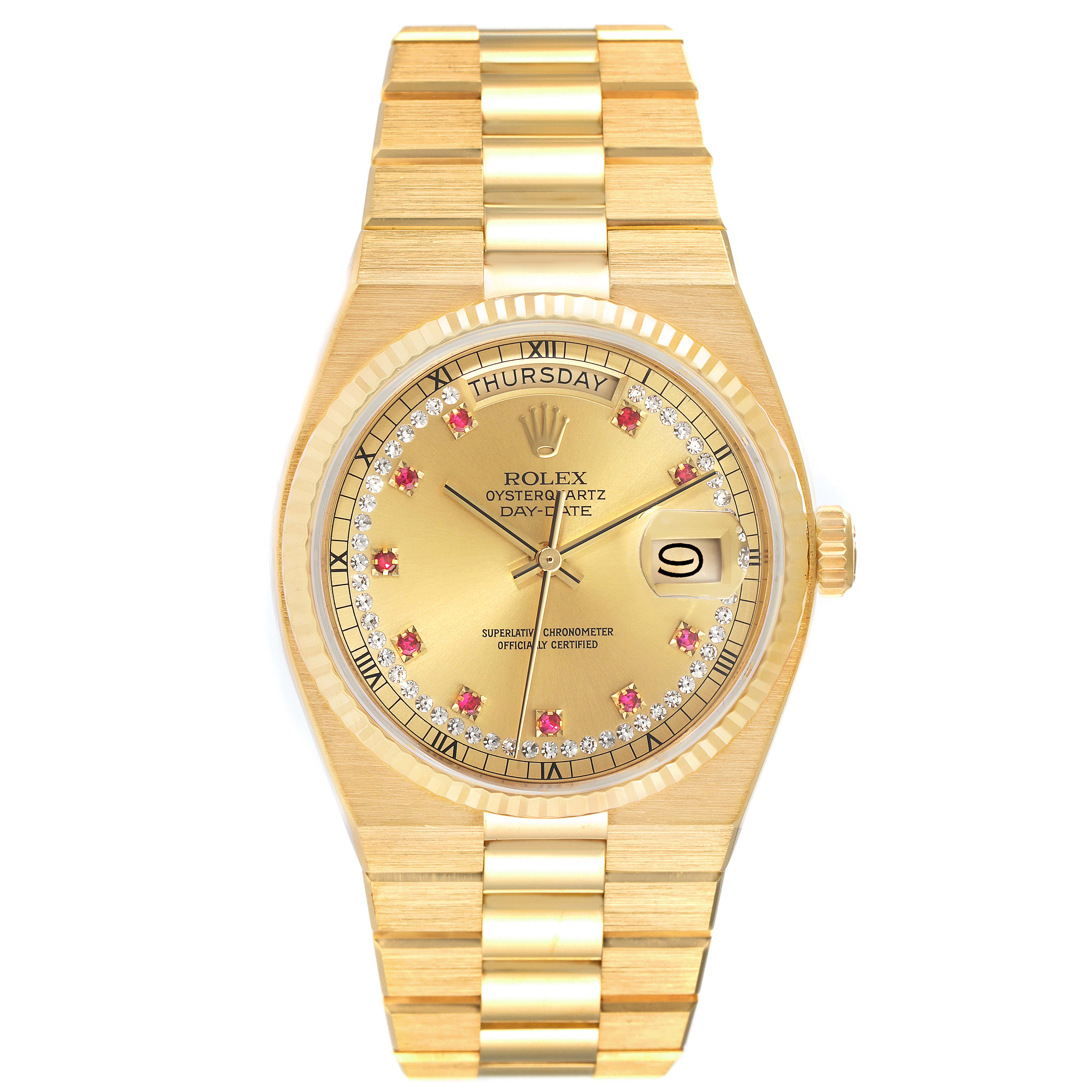 The image shows a front view of a Rolex President 19018 Men
s Yellow Gold Champagne Dial 19018 Men
s Yellow Gold Champagne Dial Oysterquartz Day-Date model watch, featuring its dial, bezel, and bracelet.