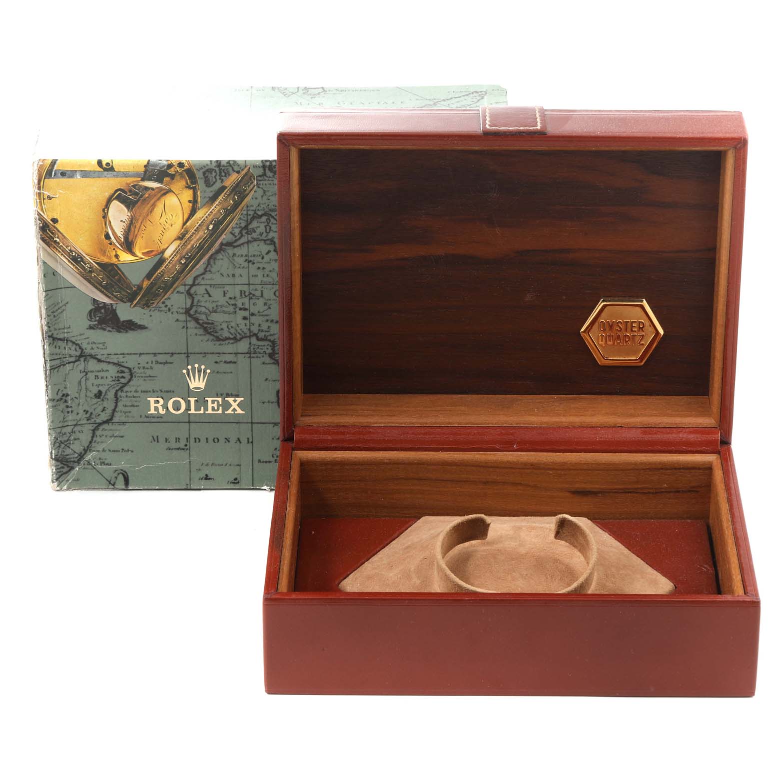The image shows an open Rolex President 19018 Men
s Yellow Gold Champagne Dial 19018 Men
s Yellow Gold Champagne Dial watch box with an outer box in the background.