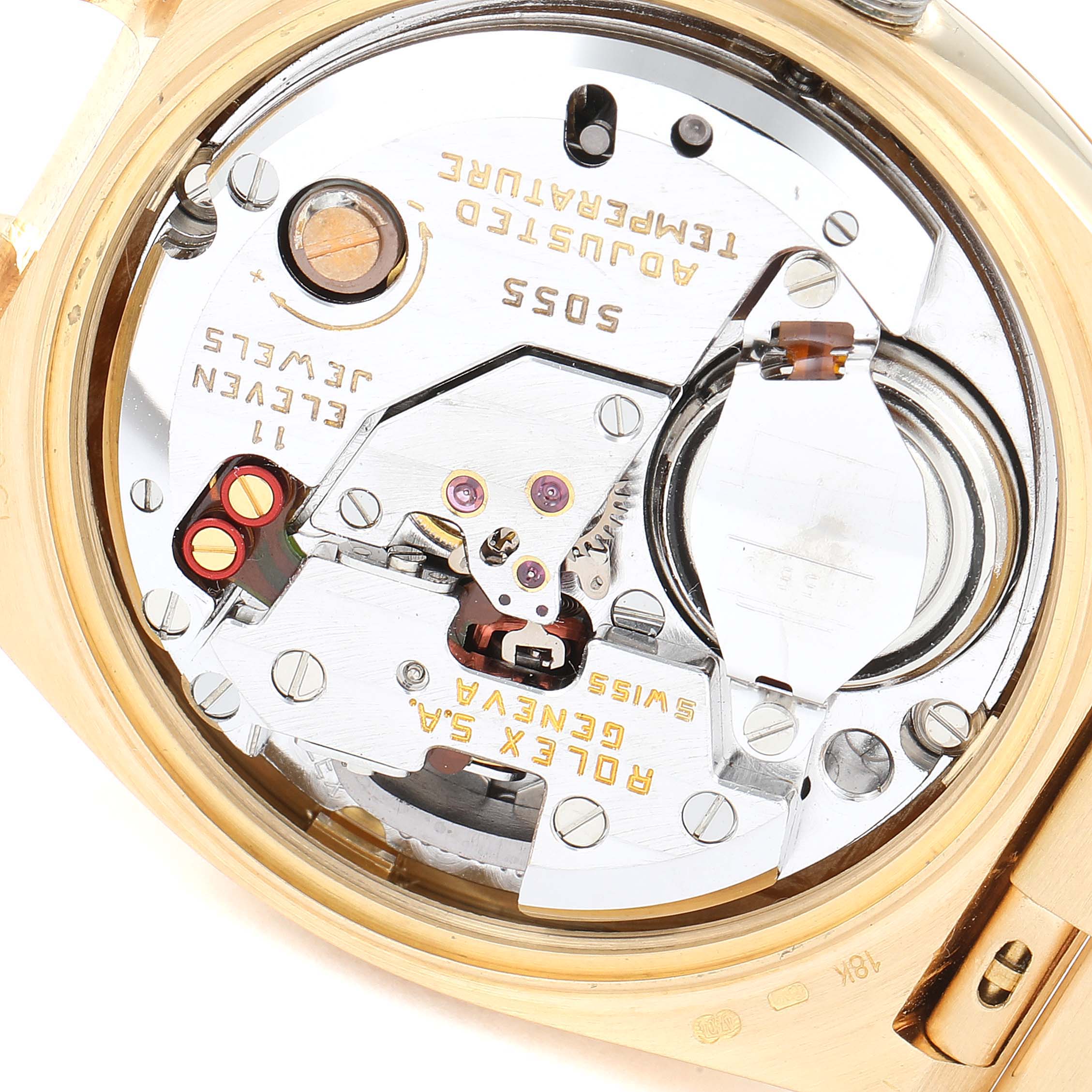 This image shows the internal movement mechanism of a Rolex President 19018 Men
s Yellow Gold Champagne Dial 19018 Men
s Yellow Gold Champagne Dial model watch viewed from the back.