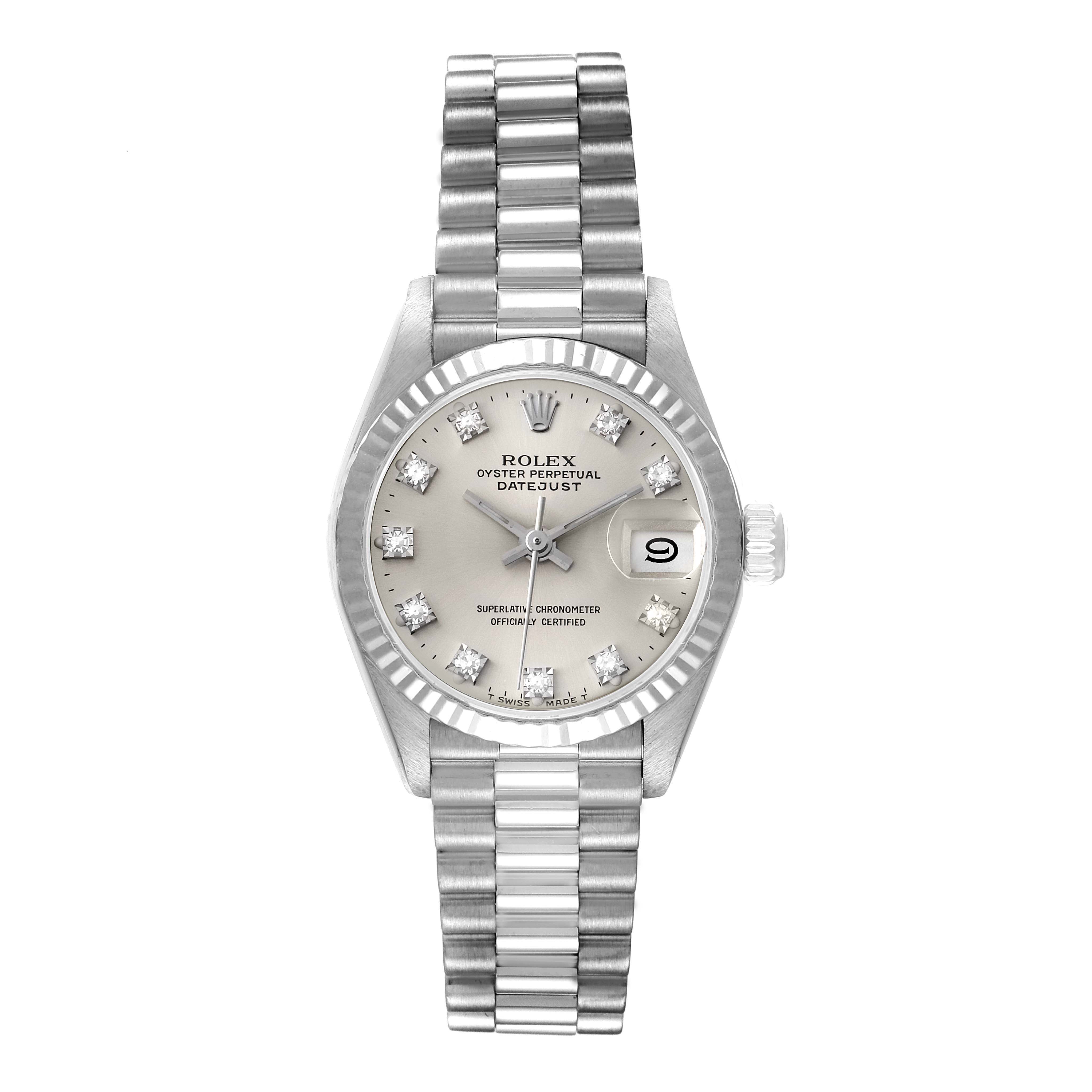 The image shows a frontal view of the Rolex President 69179 Women
s White Gold Silver Dial 69179 Women
s White Gold Silver Dial model watch, displaying its dial, bracelet, and date window.