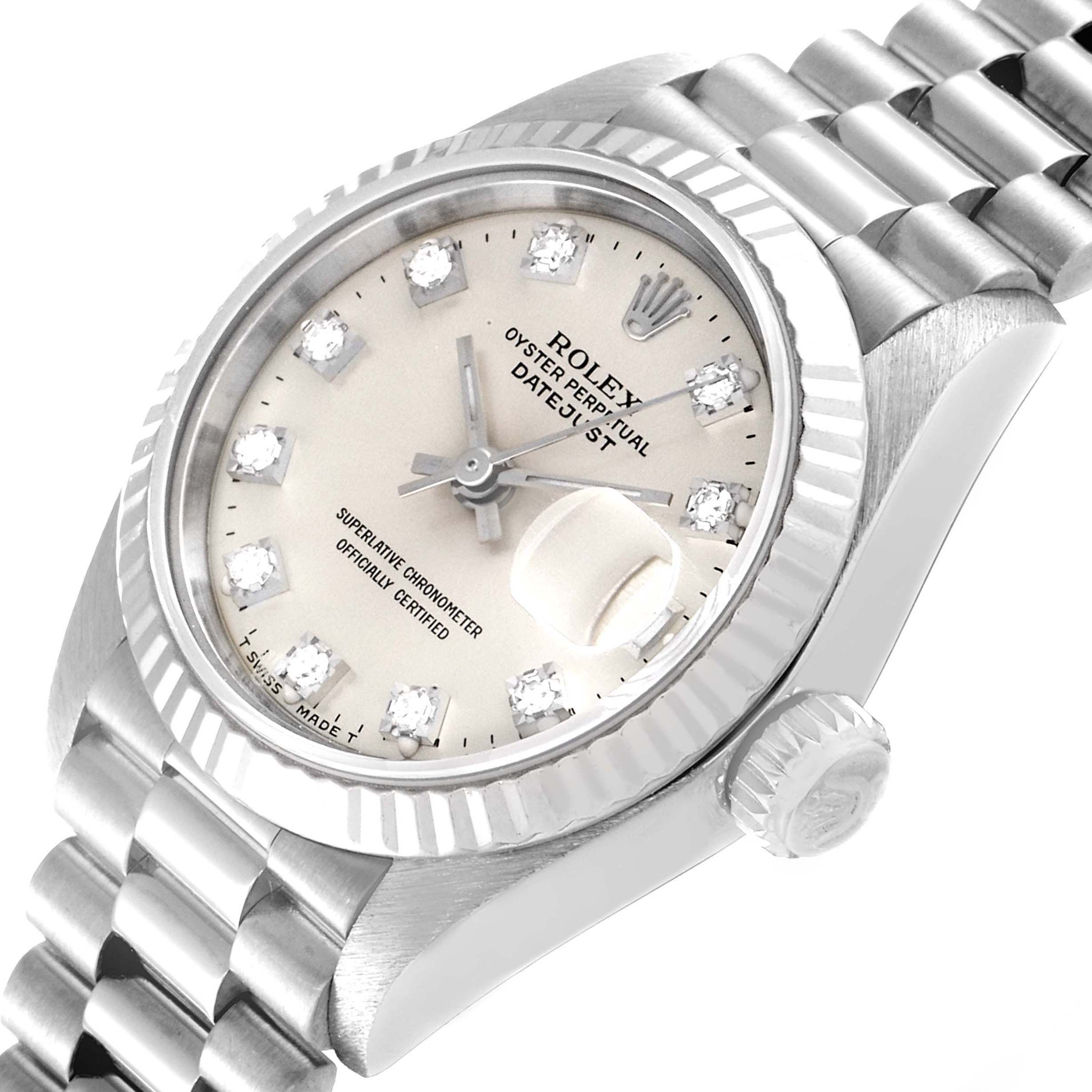 The image shows a Rolex President 69179 Women
s White Gold Silver Dial 69179 Women
s White Gold Silver Dial watch at a slight angle, displaying the bezel, crown, dial, hands, and bracelet.