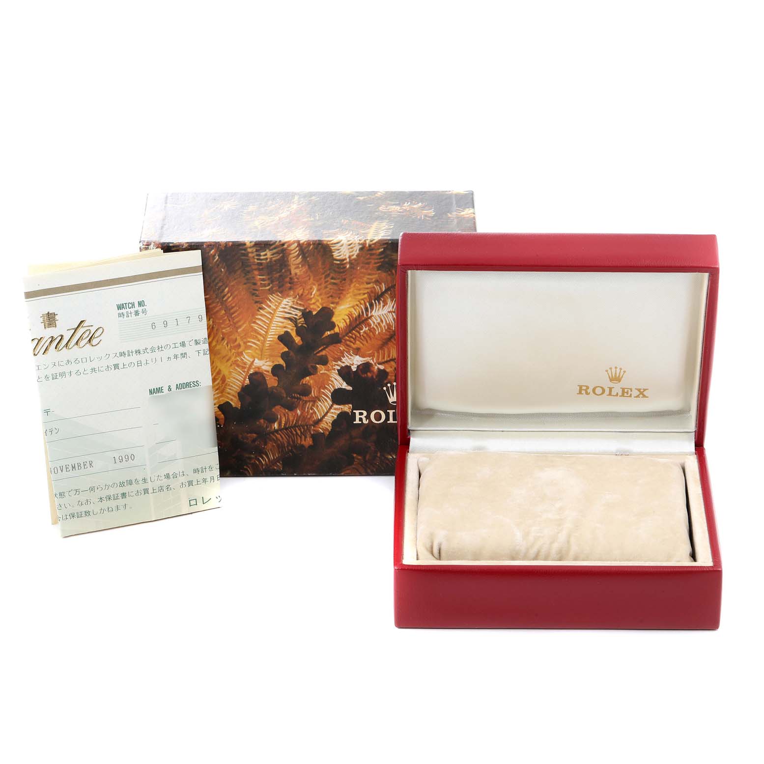 The image shows a Rolex President 69179 Women
s White Gold Silver Dial 69179 Women
s White Gold Silver Dial model watch box, an outer box with a nature-themed design, and accompanying paperwork. 