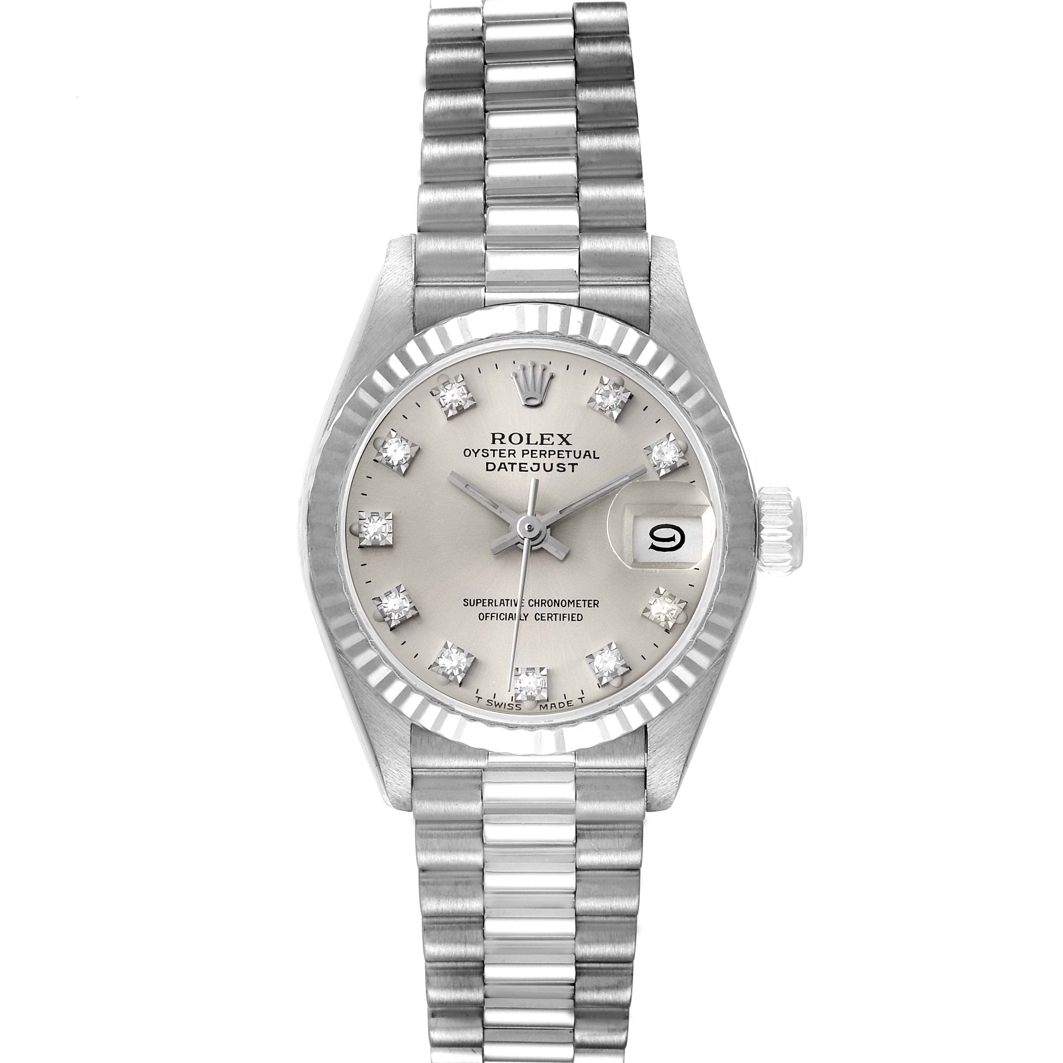 The image shows a Rolex President 69179 Women
s White Gold Silver Dial 69179 Women
s White Gold Silver Dial model watch, featuring its face, bezel, and bracelet from a top-down angle.