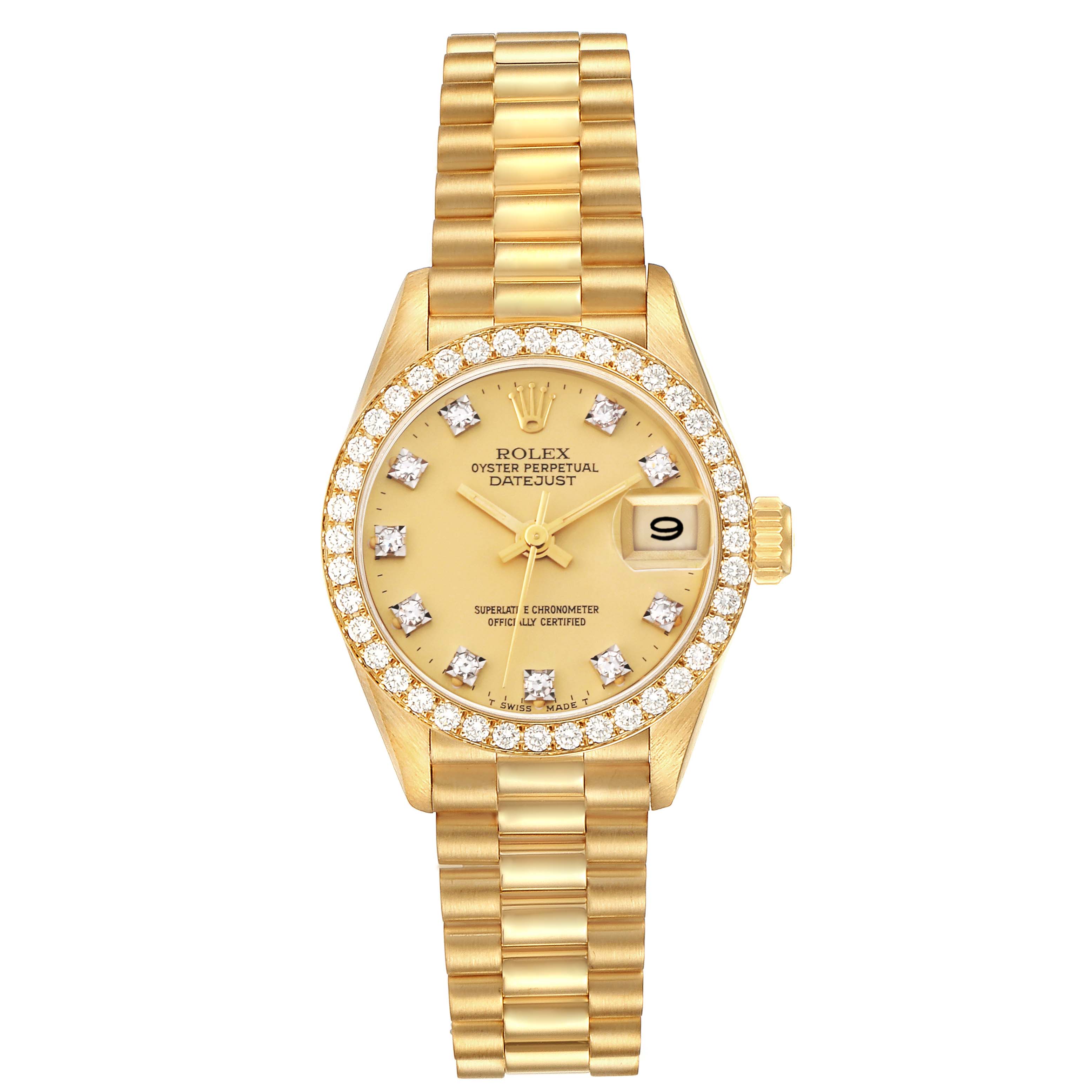The Rolex President 69138 Women's Yellow Gold Champagne Dial 69138 Women's Yellow Gold Champagne Dial model watch is shown from a top view, featuring its gold bracelet, diamond-studded bezel, and champagne dial.