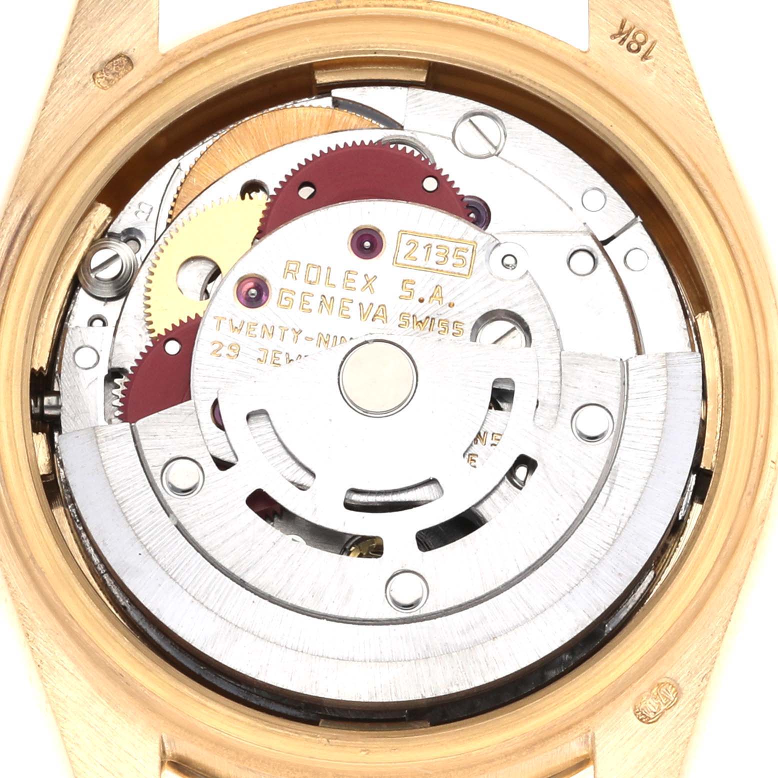The image shows the movement and internal mechanism of a Rolex President 69138 Women's Yellow Gold Champagne Dial 69138 Women's Yellow Gold Champagne Dial model, viewed from the back.