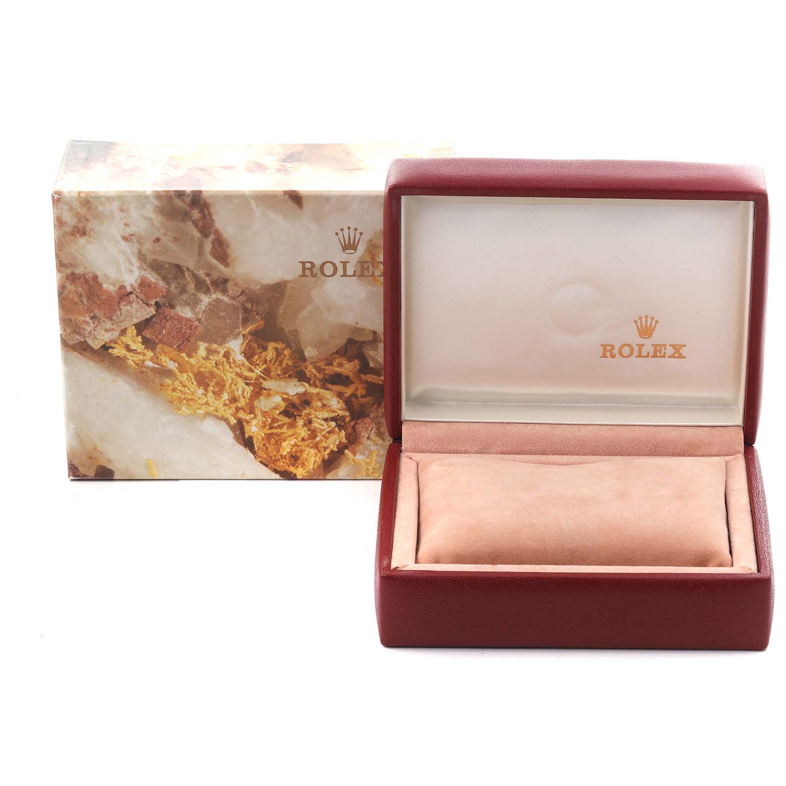 The image shows a Rolex President 69138 Women's Yellow Gold Champagne Dial 69138 Women's Yellow Gold Champagne Dial model watch box and outer packaging from a front angle.