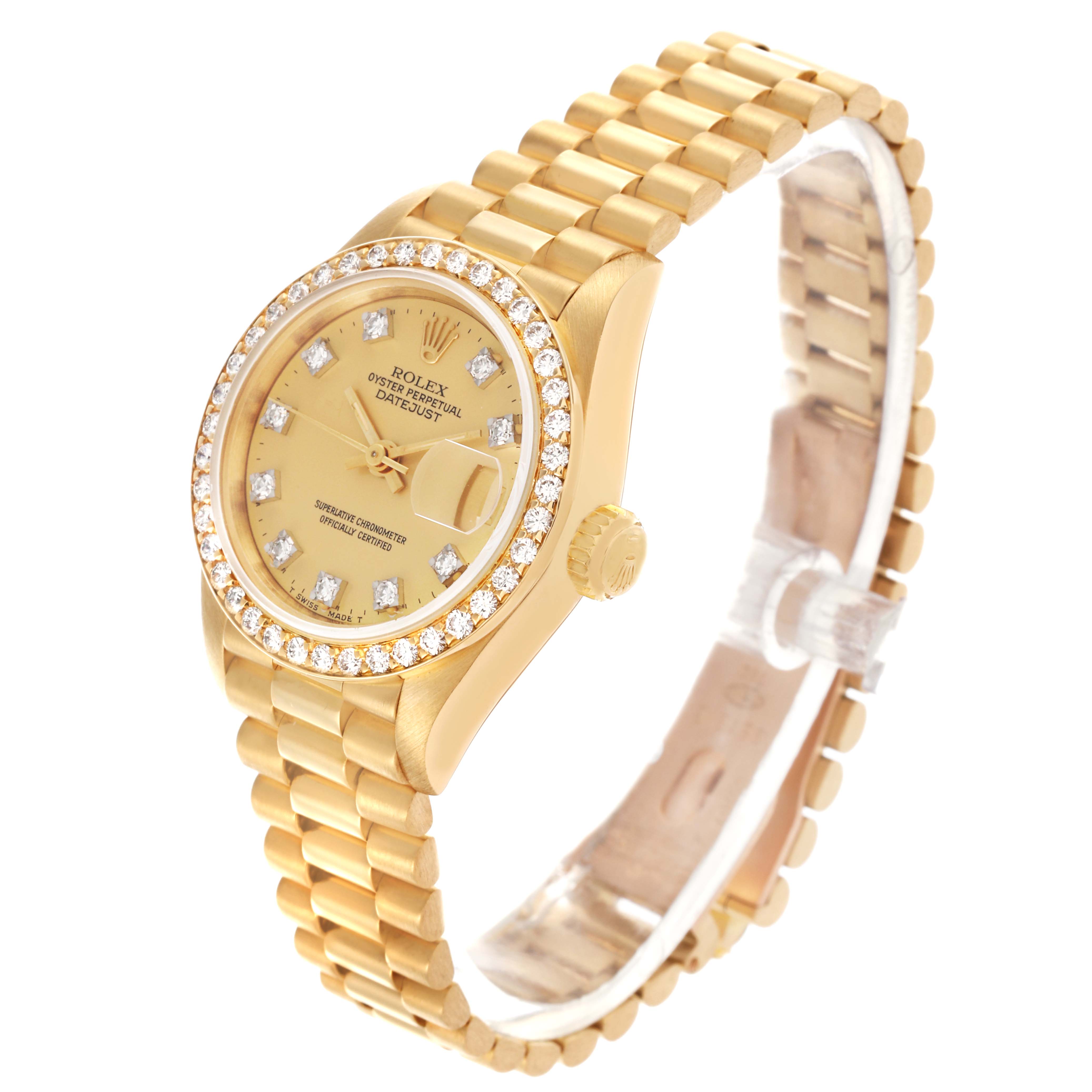 The Rolex President 69138 Women's Yellow Gold Champagne Dial 69138 Women's Yellow Gold Champagne Dial model watch is shown at a three-quarter angle, highlighting the dial, bezel, crown, and bracelet.