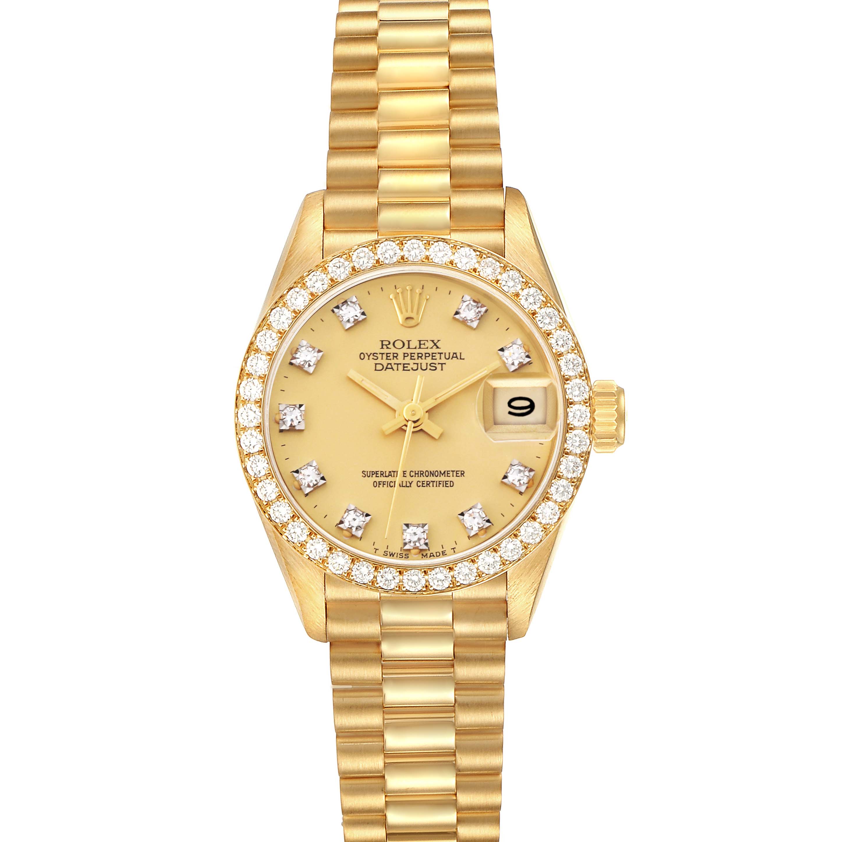 The Rolex President 69138 Women's Yellow Gold Champagne Dial 69138 Women's Yellow Gold Champagne Dial model is shown from a top-down angle, highlighting its gold case, diamond bezel, and the day-date feature.