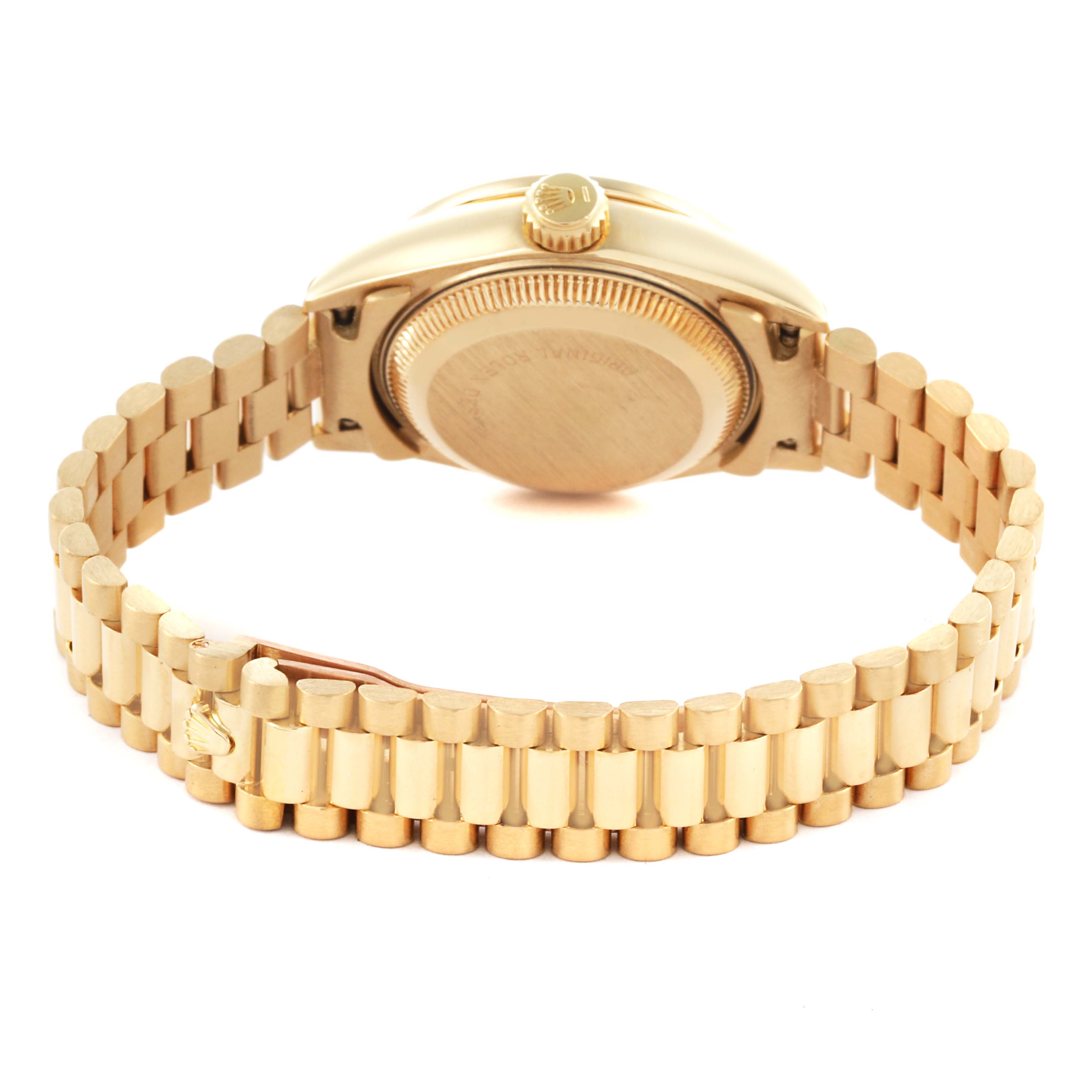 The image shows the backside and bracelet of a Rolex President 69138 Women's Yellow Gold Champagne Dial 69138 Women's Yellow Gold Champagne Dial model, highlighting the case back and link details.