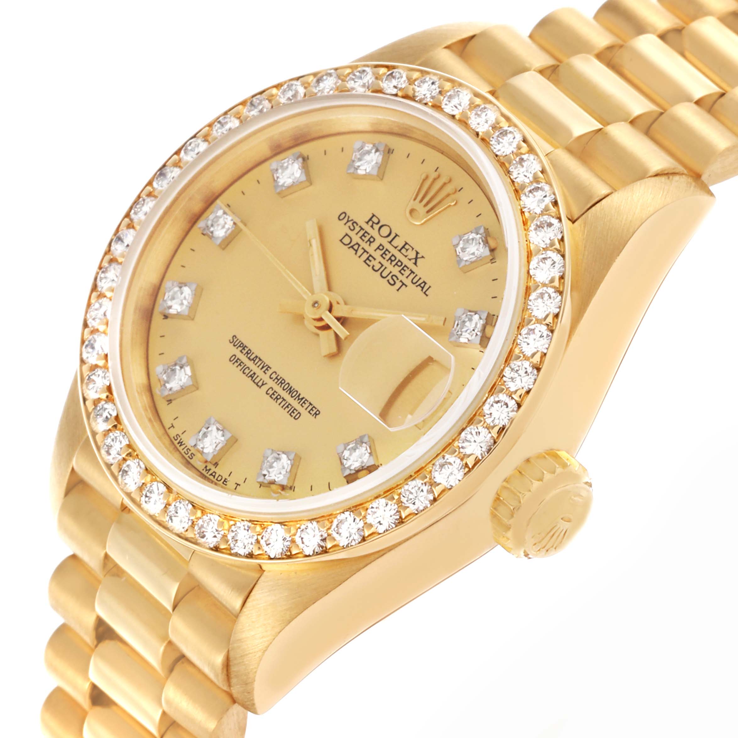 The Rolex President 69138 Women's Yellow Gold Champagne Dial 69138 Women's Yellow Gold Champagne Dial model is shown at a tilted angle, displaying the dial, diamond bezel, crown, and part of the bracelet.