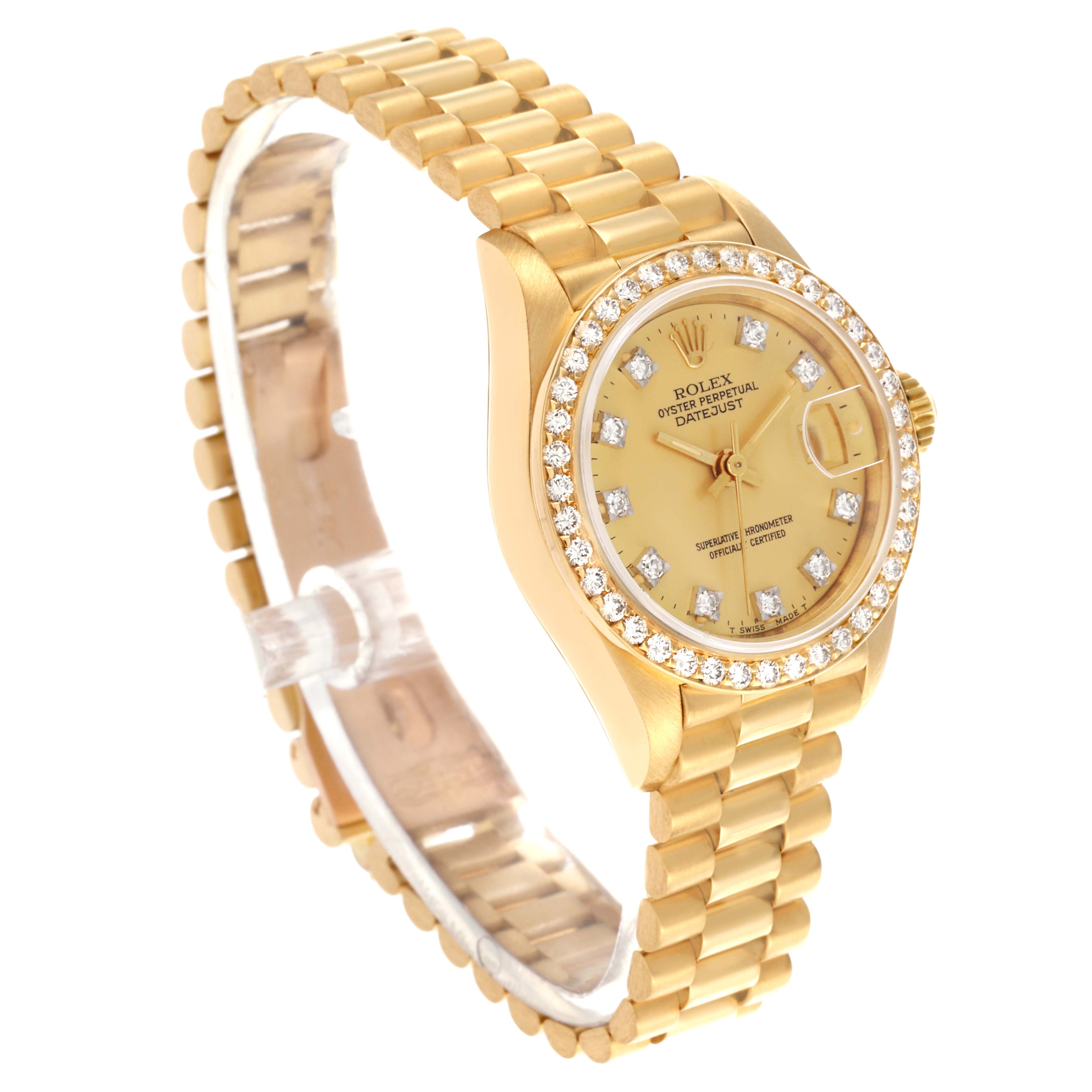 The Rolex President 69138 Women's Yellow Gold Champagne Dial 69138 Women's Yellow Gold Champagne Dial model is shown from a three-quarter angle, highlighting its gold bracelet and diamond bezel.