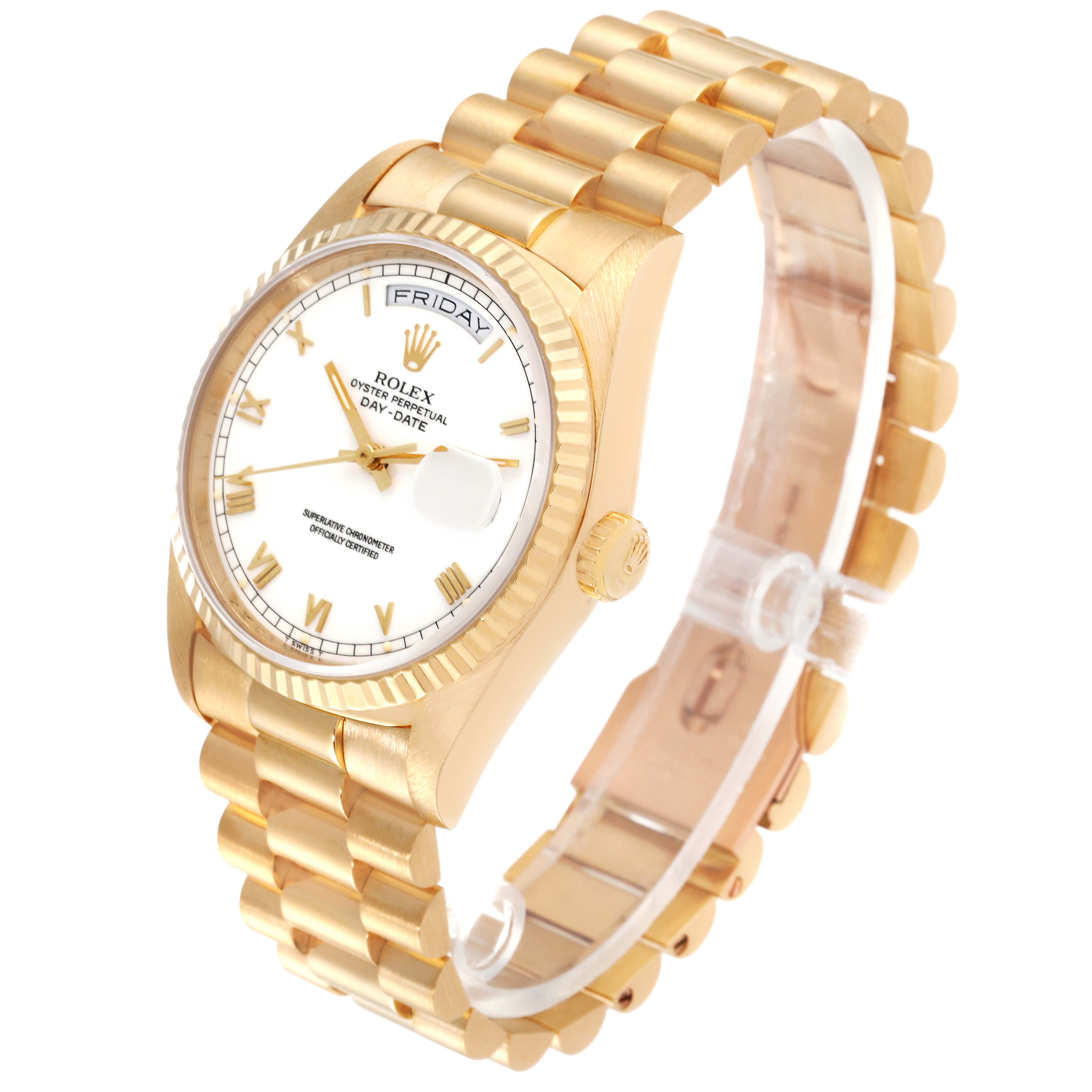 The image shows a Rolex President 18238 Men's Yellow Gold White Dial 18238 Men's Yellow Gold White Dial model watch at an angle displaying its dial, bracelet, and fluted bezel.