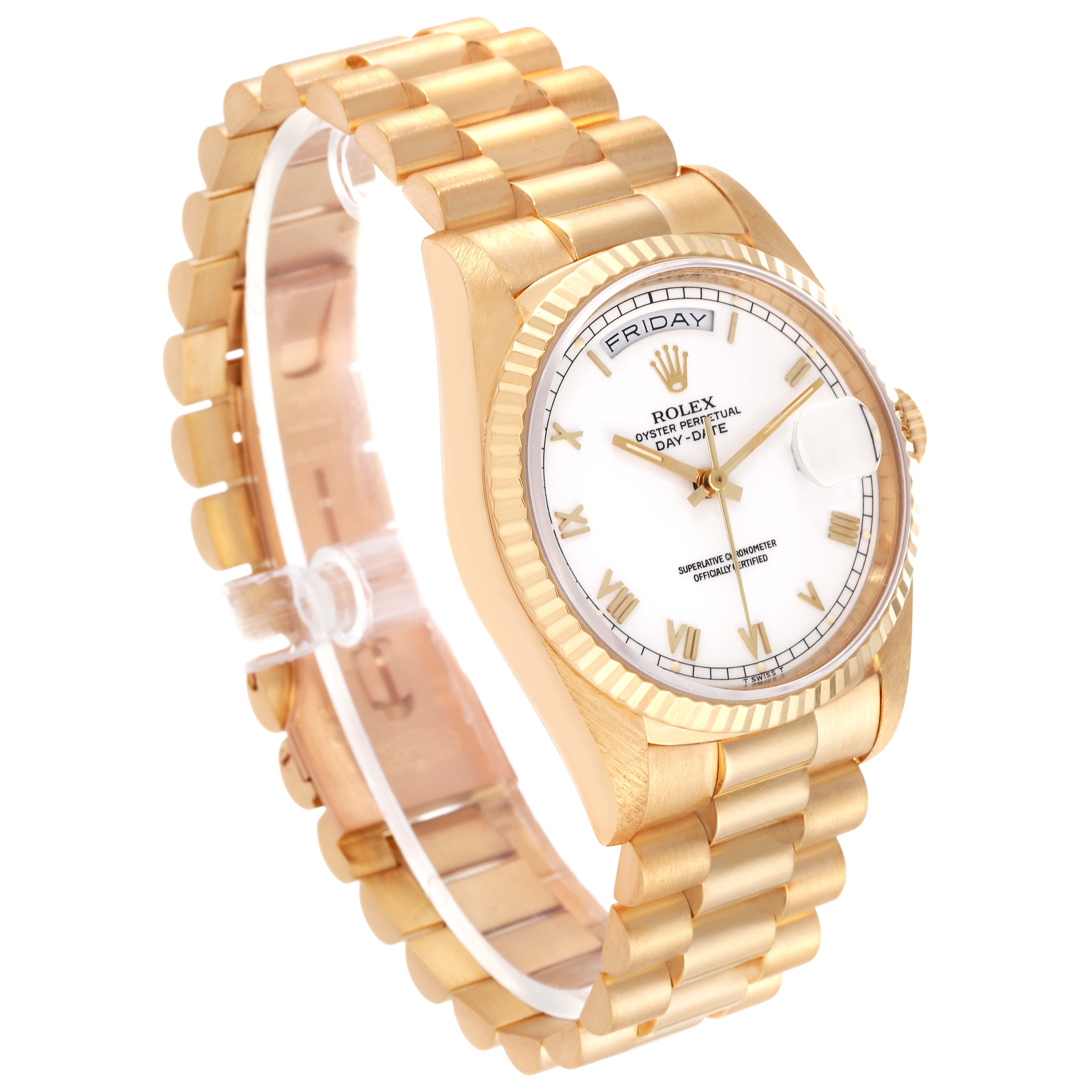 The image shows a gold Rolex President 18238 Men's Yellow Gold White Dial 18238 Men's Yellow Gold White Dial model watch at an angle, highlighting its bracelet, bezel, dial, and day-date display.