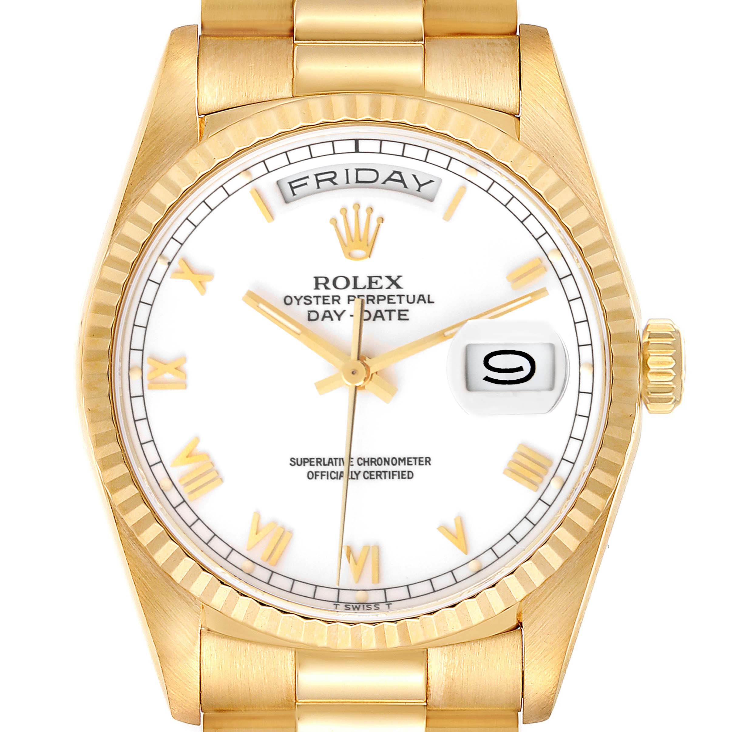 This image shows a front view of a Rolex President 18238 Men's Yellow Gold White Dial 18238 Men's Yellow Gold White Dial model watch, highlighting its face, bezel, crown, and part of the bracelet.