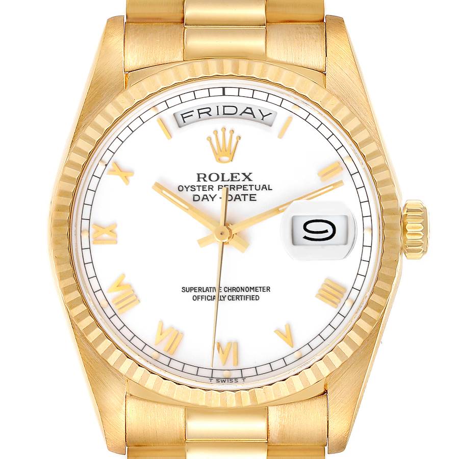 Rolex President Day-Date 18k Yellow Gold White Roman Dial Mens Watch 18238 SwissWatchExpo