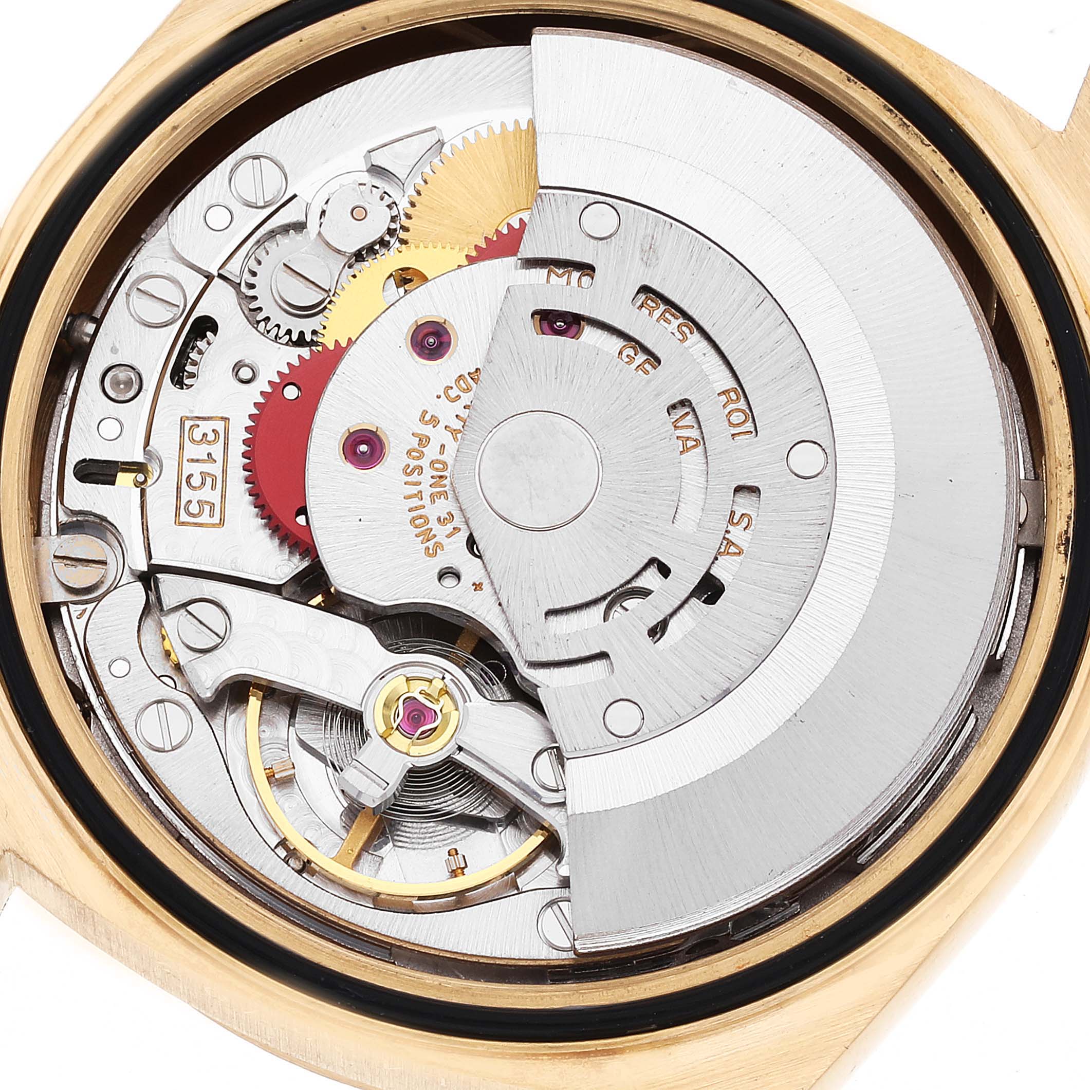 This image shows the internal mechanics and movement of the Rolex President 18238 Men's Yellow Gold White Dial 18238 Men's Yellow Gold White Dial model watch at a close-up angle.