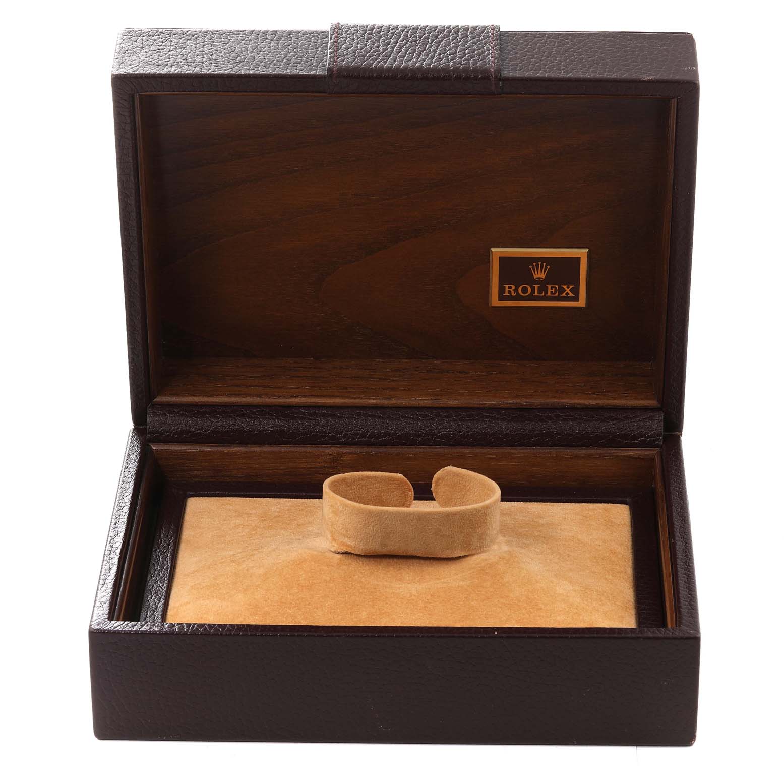 The image shows a Rolex President 18238 Men's Yellow Gold White Dial 18238 Men's Yellow Gold White Dial watch box, open, revealing its plush inner lining and logo.