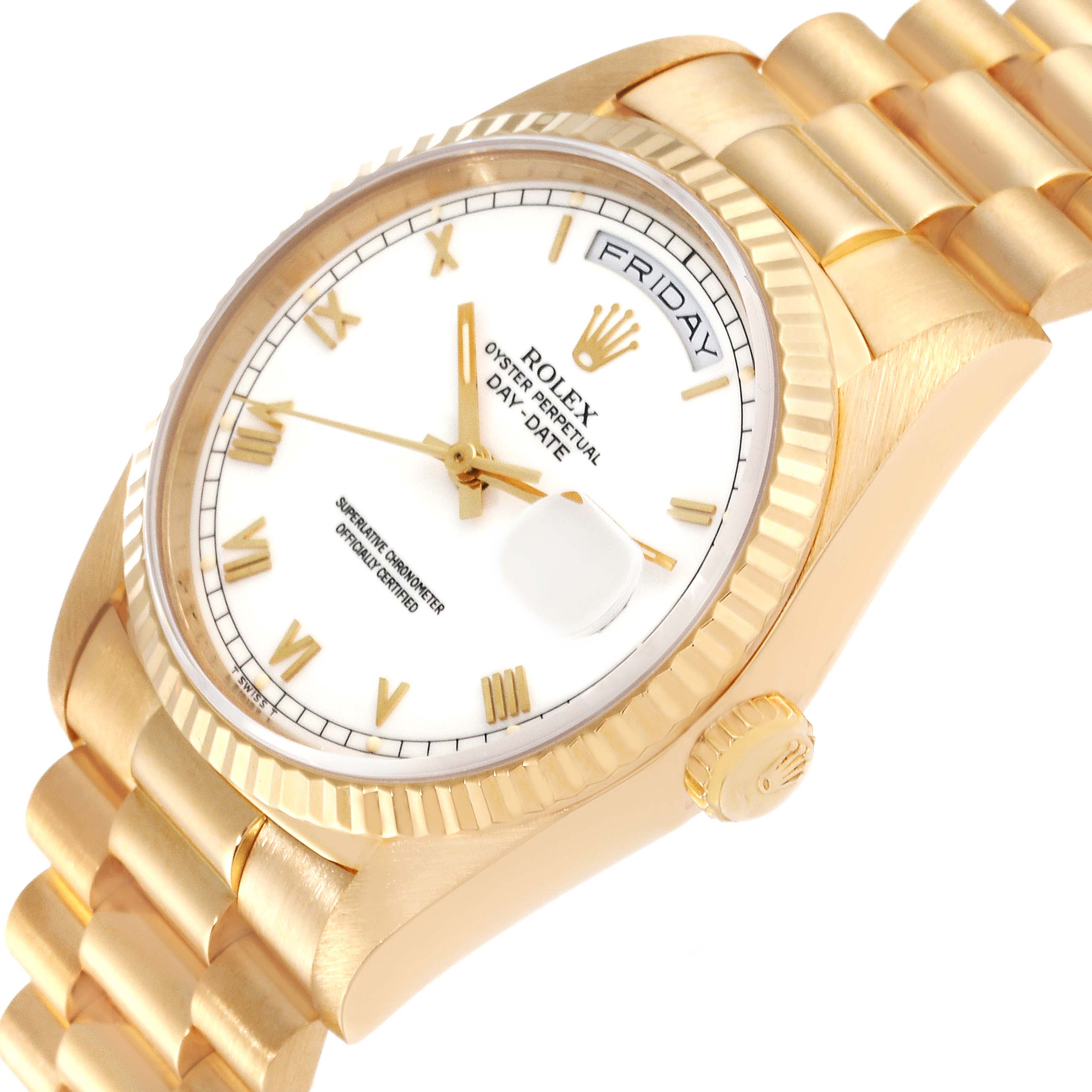 The Rolex President 18238 Men's Yellow Gold White Dial 18238 Men's Yellow Gold White Dial model watch is shown at an angle highlighting the face, bezel, crown, and part of the bracelet.