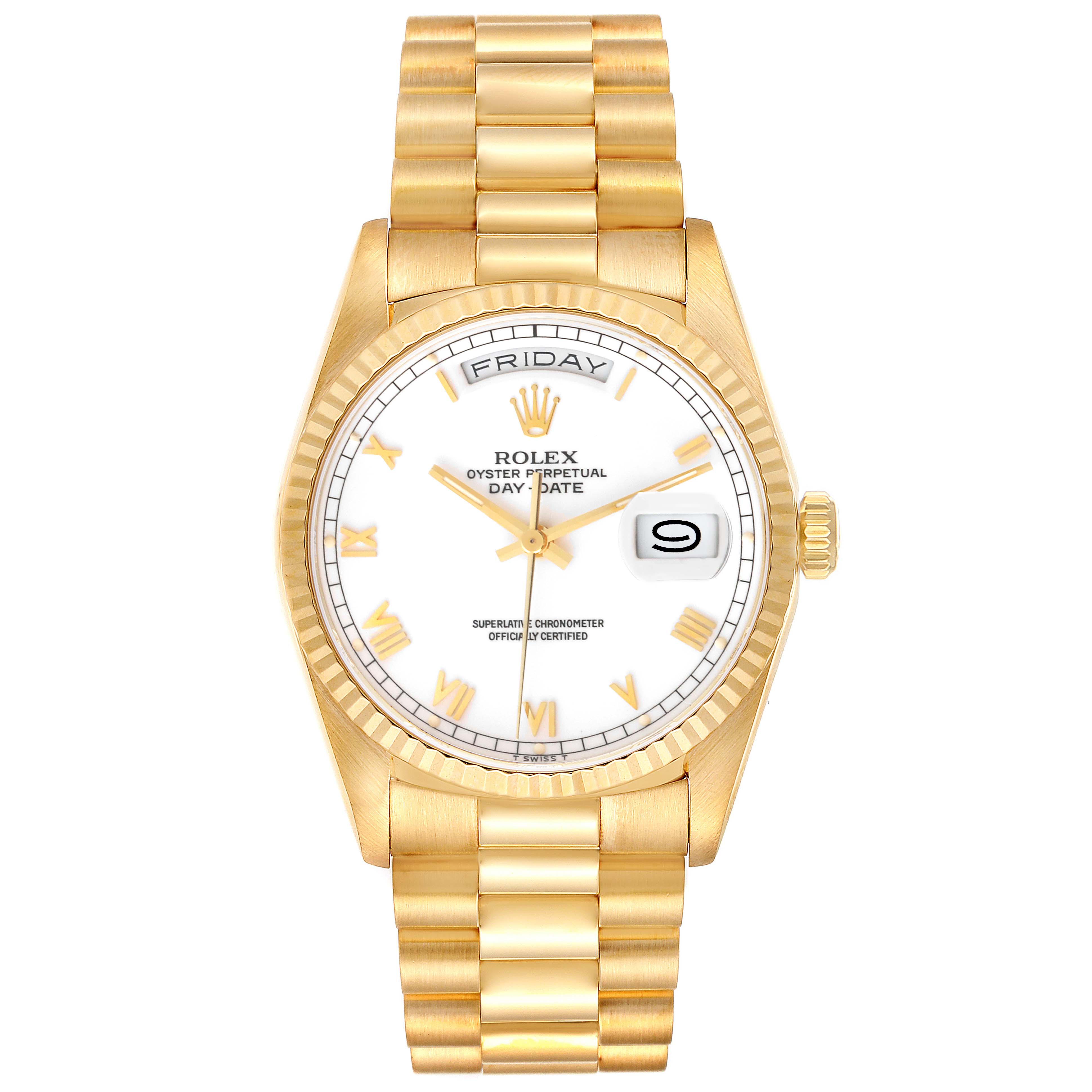 This Rolex President 18238 Men's Yellow Gold White Dial 18238 Men's Yellow Gold White Dial model watch is shown from the front, displaying its face, bracelet, and fluted bezel.