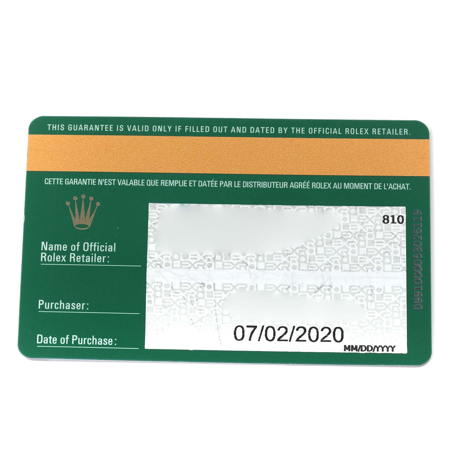 The image shows a guarantee card for a Rolex President 128239 Men
s White Gold Blue Dial 128239 Men
s White Gold Blue Dial model, displaying purchase details and retailer information.