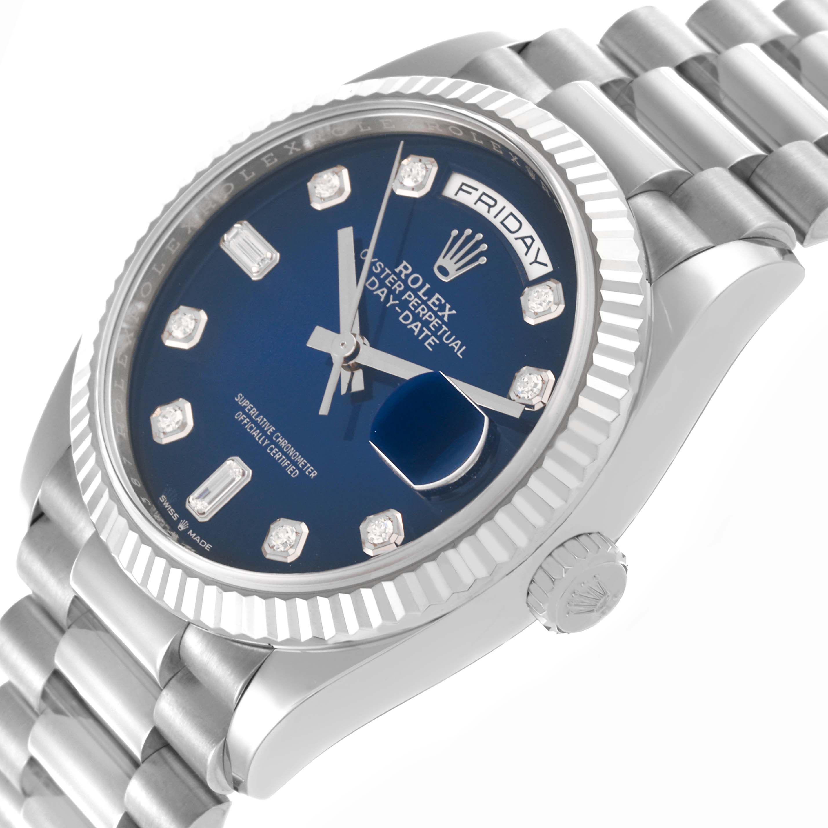 The Rolex President 128239 Men
s White Gold Blue Dial 128239 Men
s White Gold Blue Dial model is shown at an angle highlighting the watch face, bezel, and part of the bracelet.