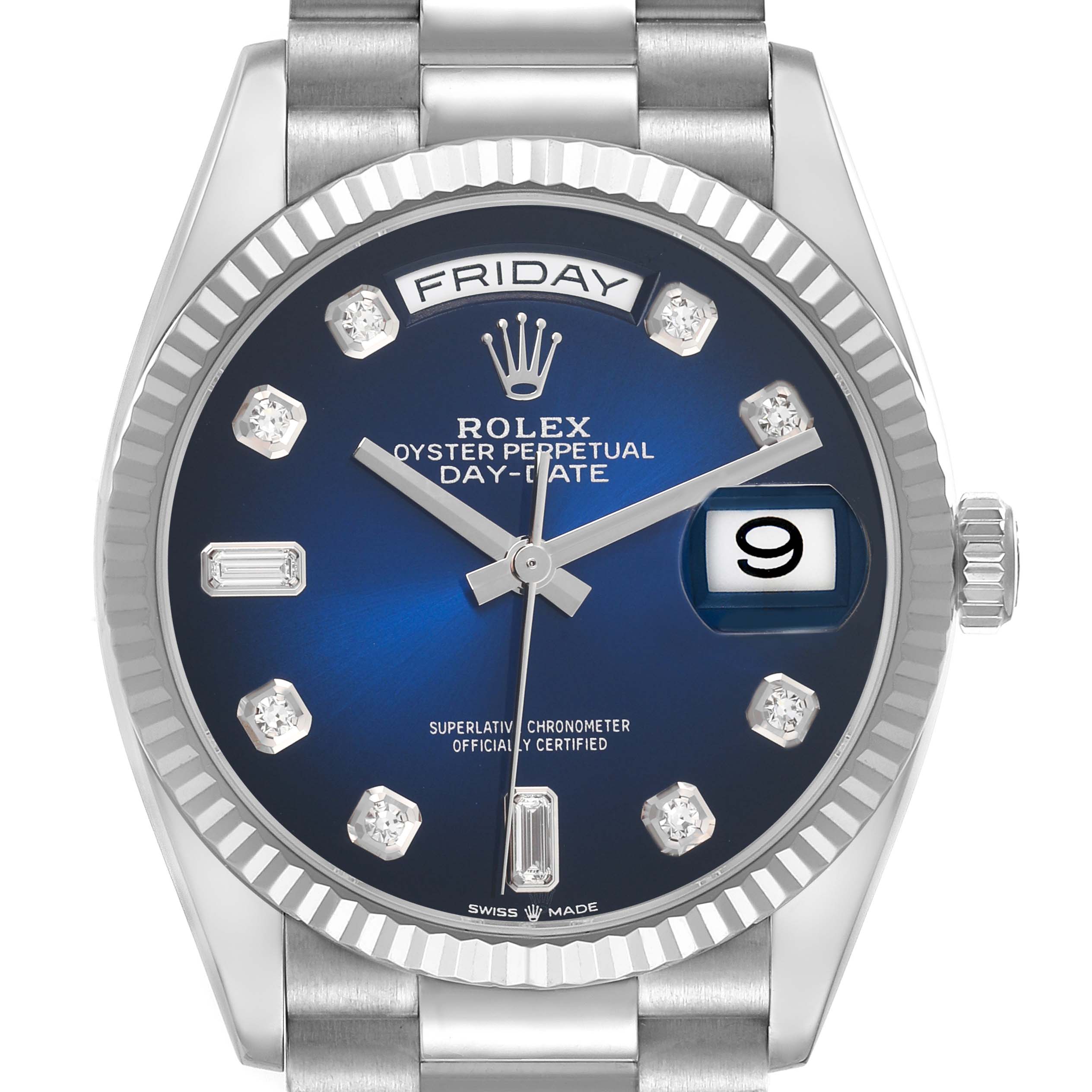 The Rolex President 128239 Men
s White Gold Blue Dial 128239 Men
s White Gold Blue Dial model is shown from a front angle, highlighting its blue dial, date, and day displays.