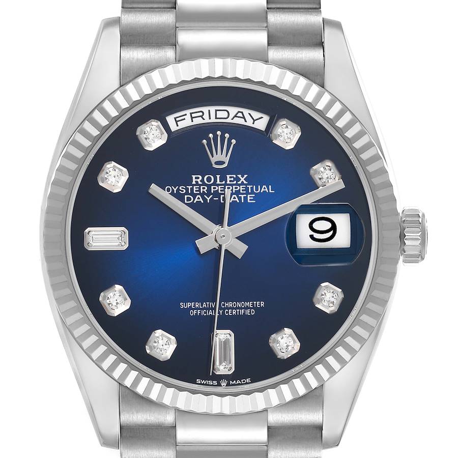 The Rolex President model is shown from a front angle, highlighting its blue dial, date, and day displays.