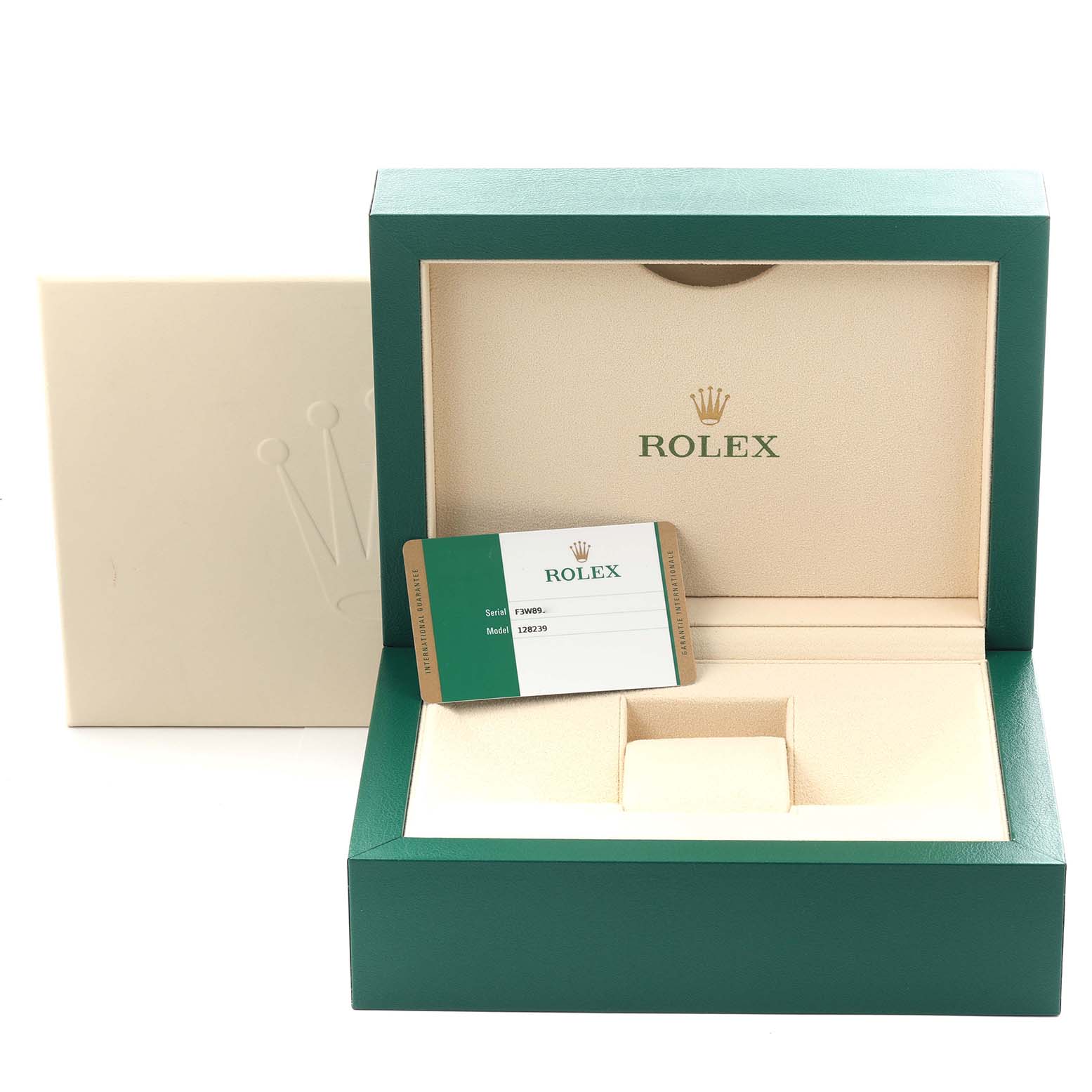 The image shows the open presentation box for the Rolex President 128239 Men
s White Gold Blue Dial 128239 Men
s White Gold Blue Dial model, including a certification card.