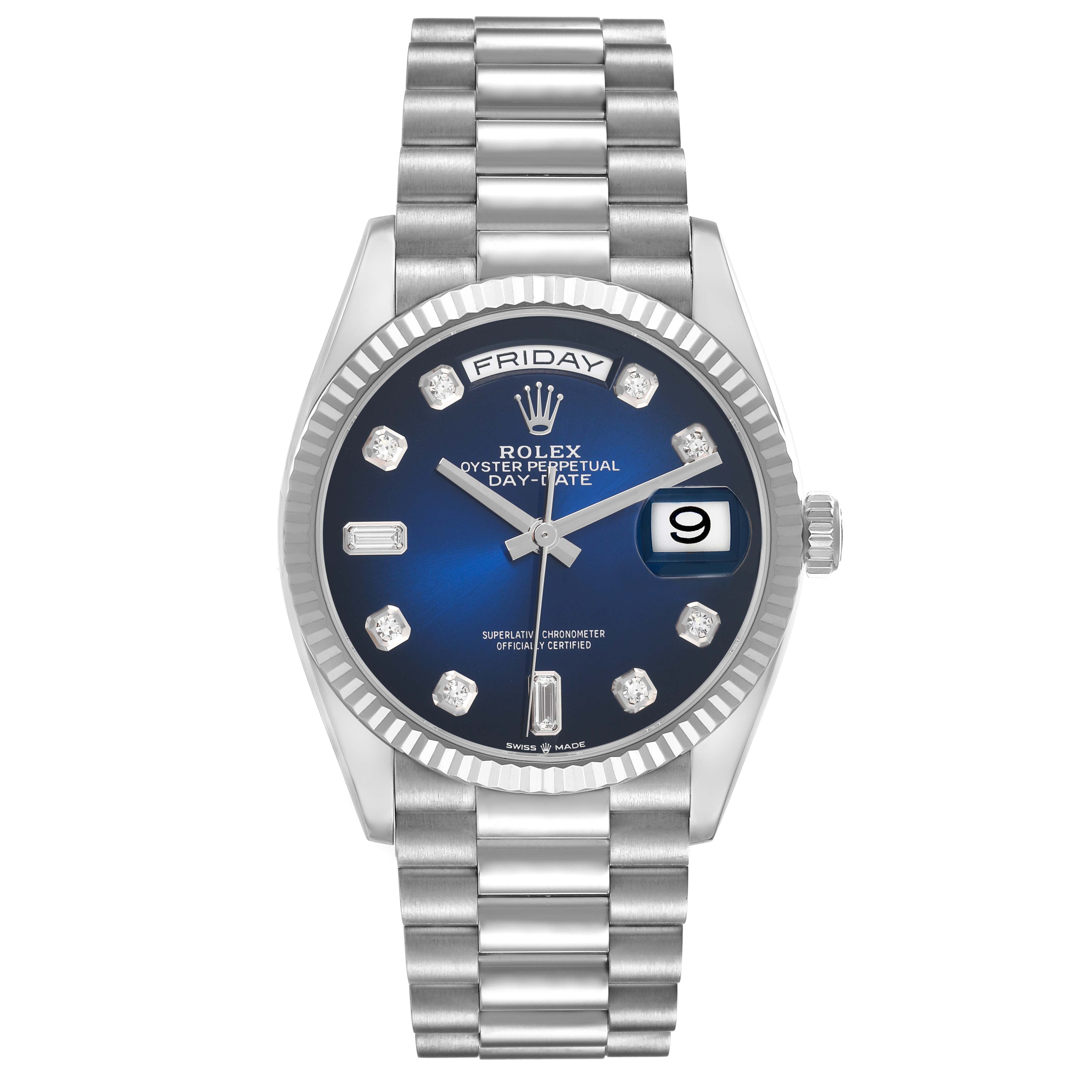 The image shows a frontal view of a Rolex President 128239 Men
s White Gold Blue Dial 128239 Men
s White Gold Blue Dial model watch, highlighting the dial, bezel, and bracelet.