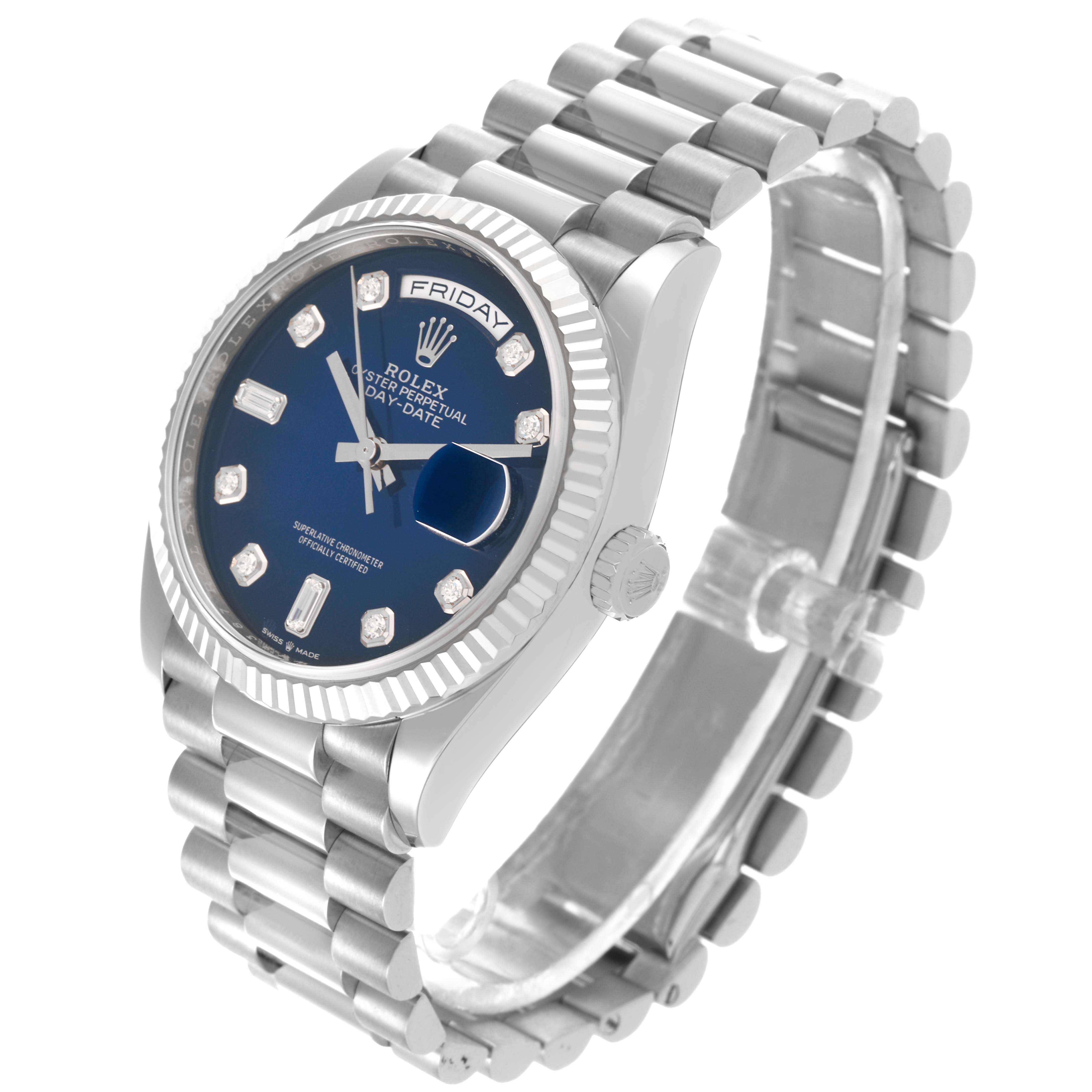 The Rolex President 128239 Men
s White Gold Blue Dial 128239 Men
s White Gold Blue Dial watch is shown at a three-quarter angle, highlighting its face, fluted bezel, and the iconic bracelet.