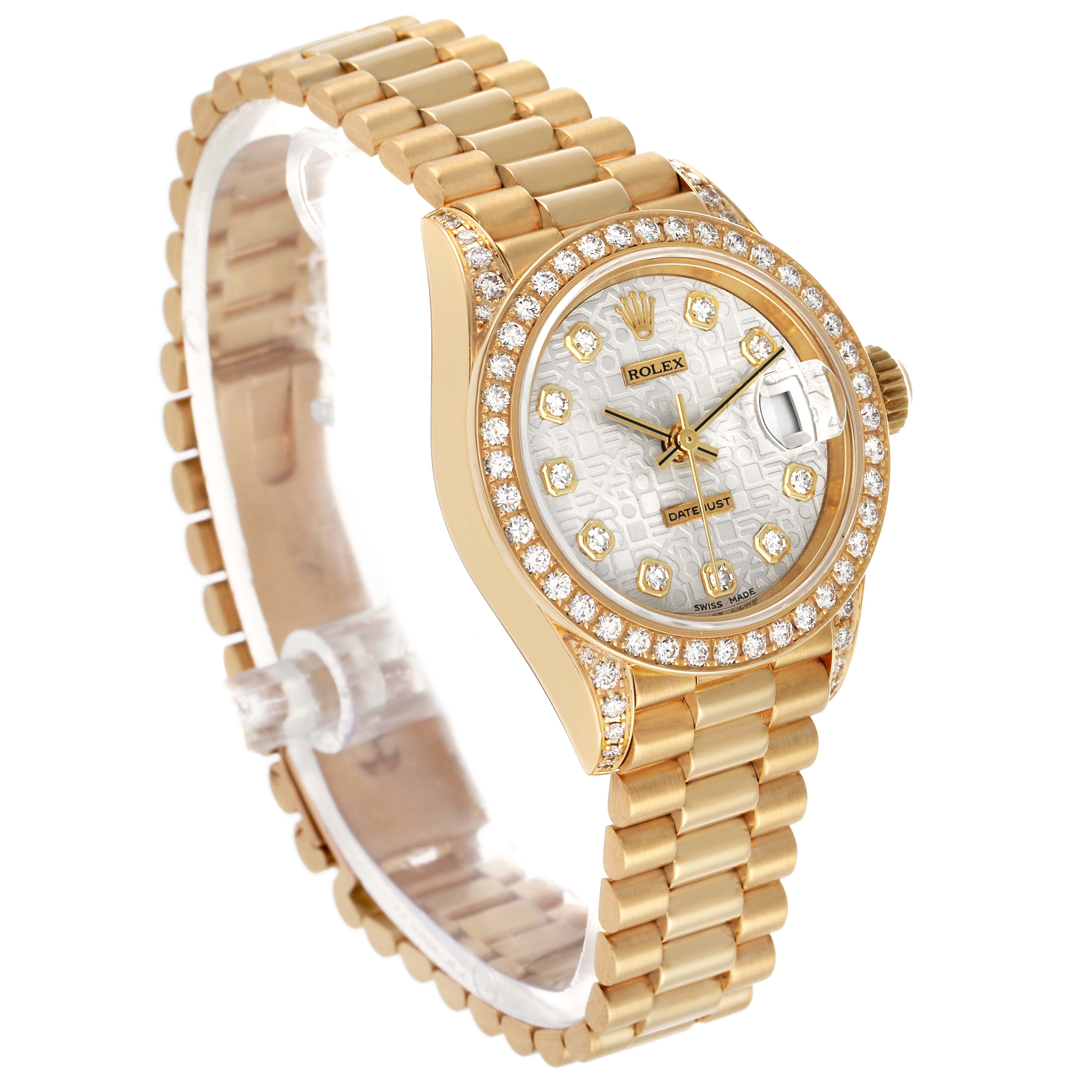 The image shows a Rolex President 69158 Women's Yellow Gold Silver Dial watch at an angled view, highlighting the diamond-set bezel, bracelet, and dial.
