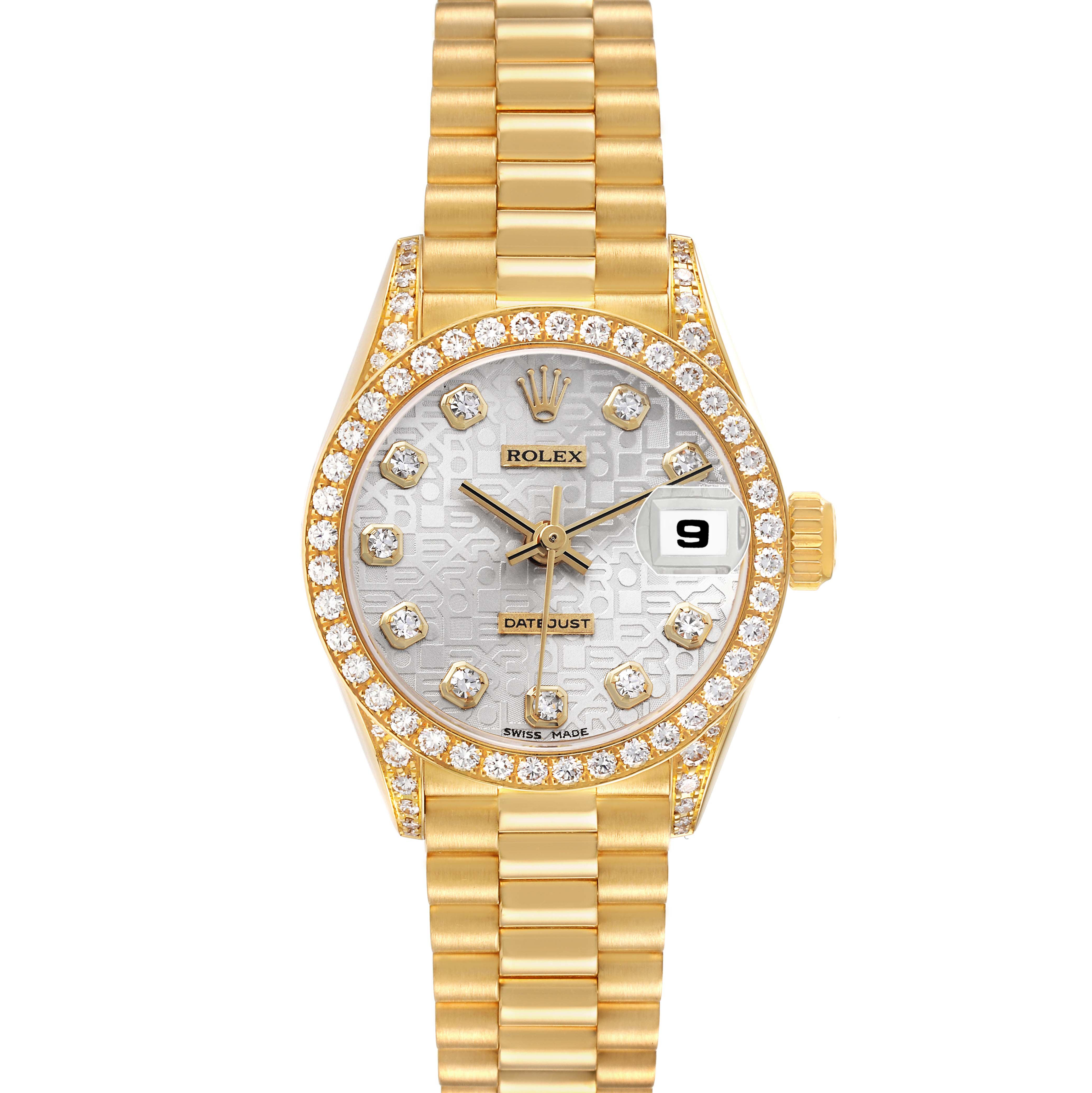 The Rolex President 69158 Women's Yellow Gold Silver Dial watch is shown from a frontal angle, highlighting its diamond-encrusted bezel, dial, and iconic link bracelet.