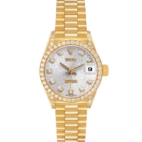 The Rolex President 69158 Women's Yellow Gold Silver Dial watch is shown from the front, displaying the bezel, dial, bracelet, crown, and date window.