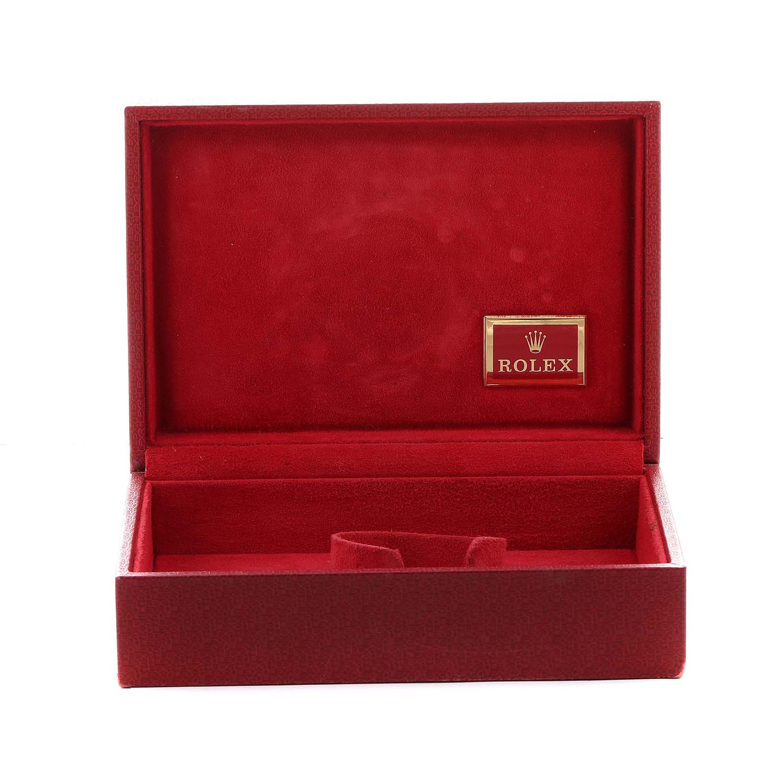 The image shows a red Rolex watch box likely for the President model, without the watch inside.