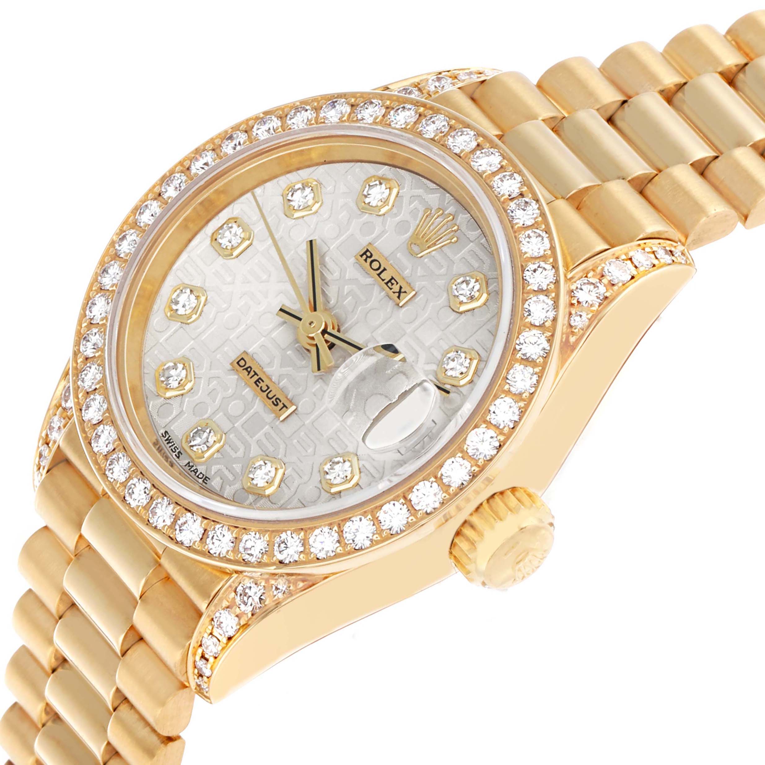 The Rolex President 69158 Women's Yellow Gold Silver Dial model is shown at an angle highlighting the diamond bezel, dial, crown, and part of the bracelet.