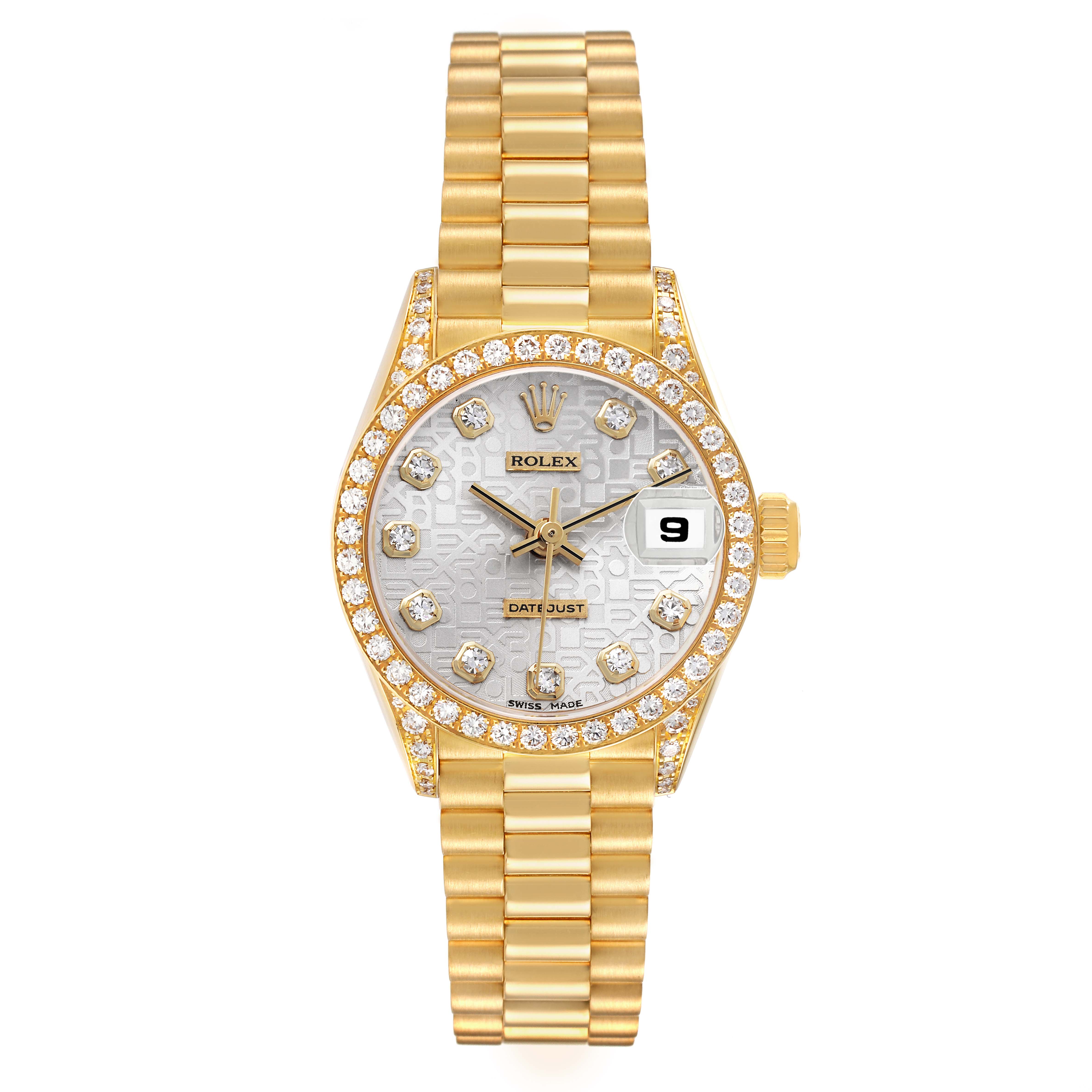 The Rolex President 69158 Women's Yellow Gold Silver Dial watch is shown from the front, featuring a diamond-set bezel, bracelet, and date display.